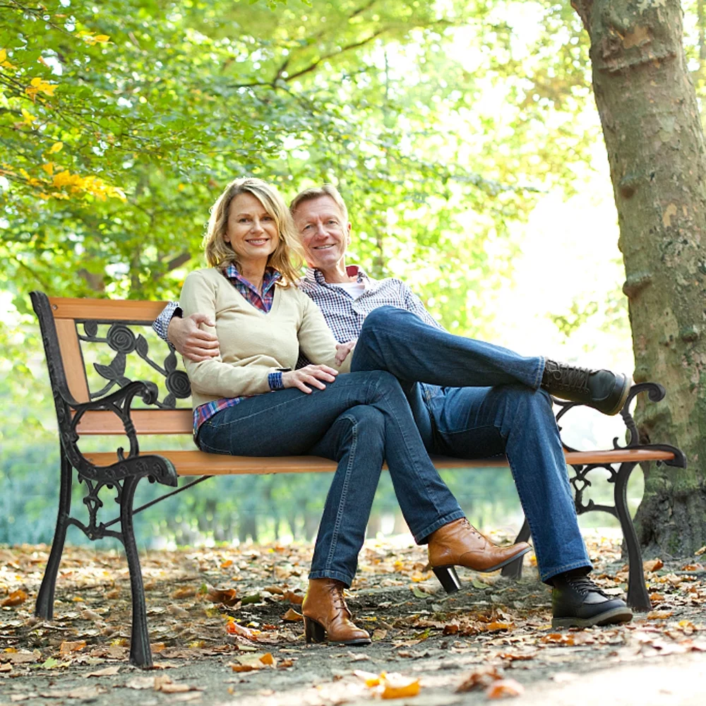 49 Outdoor Garden Bench Patio Porch Chair Deck Hardwood Cast Iron Love Seat with Rose Style Back - Comfortable, Durable, Stylish - Perfect for Relaxing in Your Garden or on Your Porch