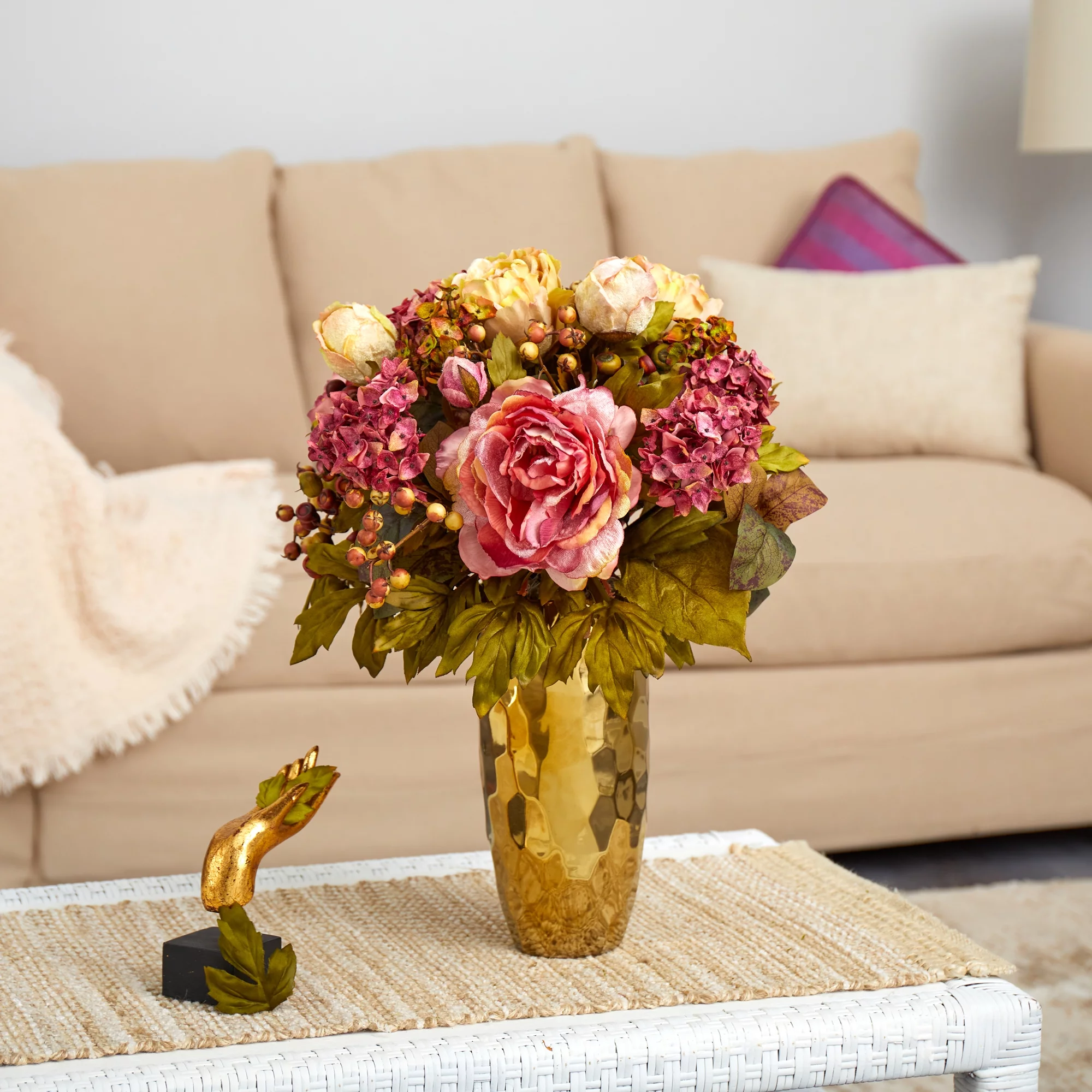 Nearly Natural 19in. Peony Artificial Arrangement in Gold Vase