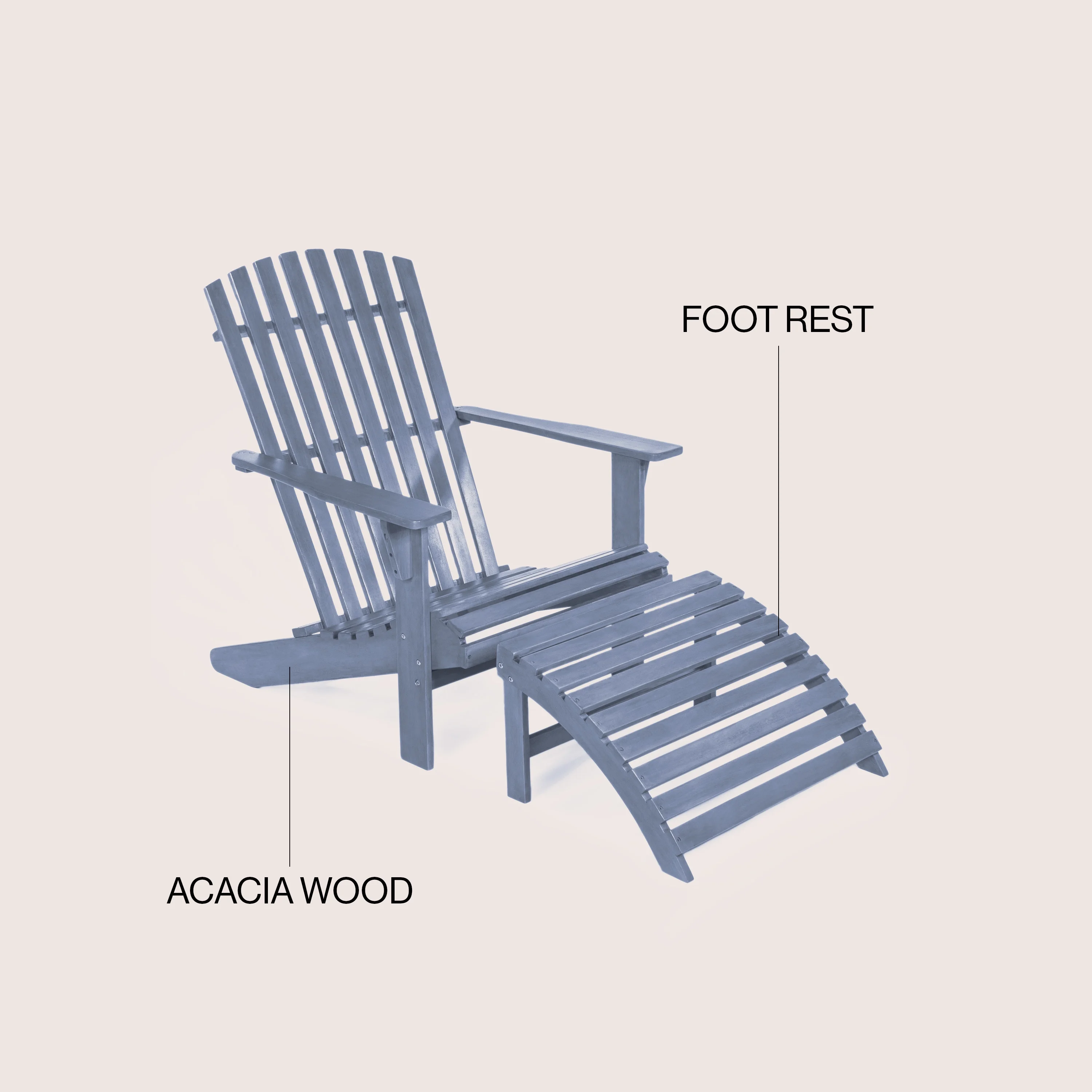 Saranac 2-Piece Traditional Rustic Acacia Wood Adirondack Chair with Detachable Ottoman, Cashmere Blue