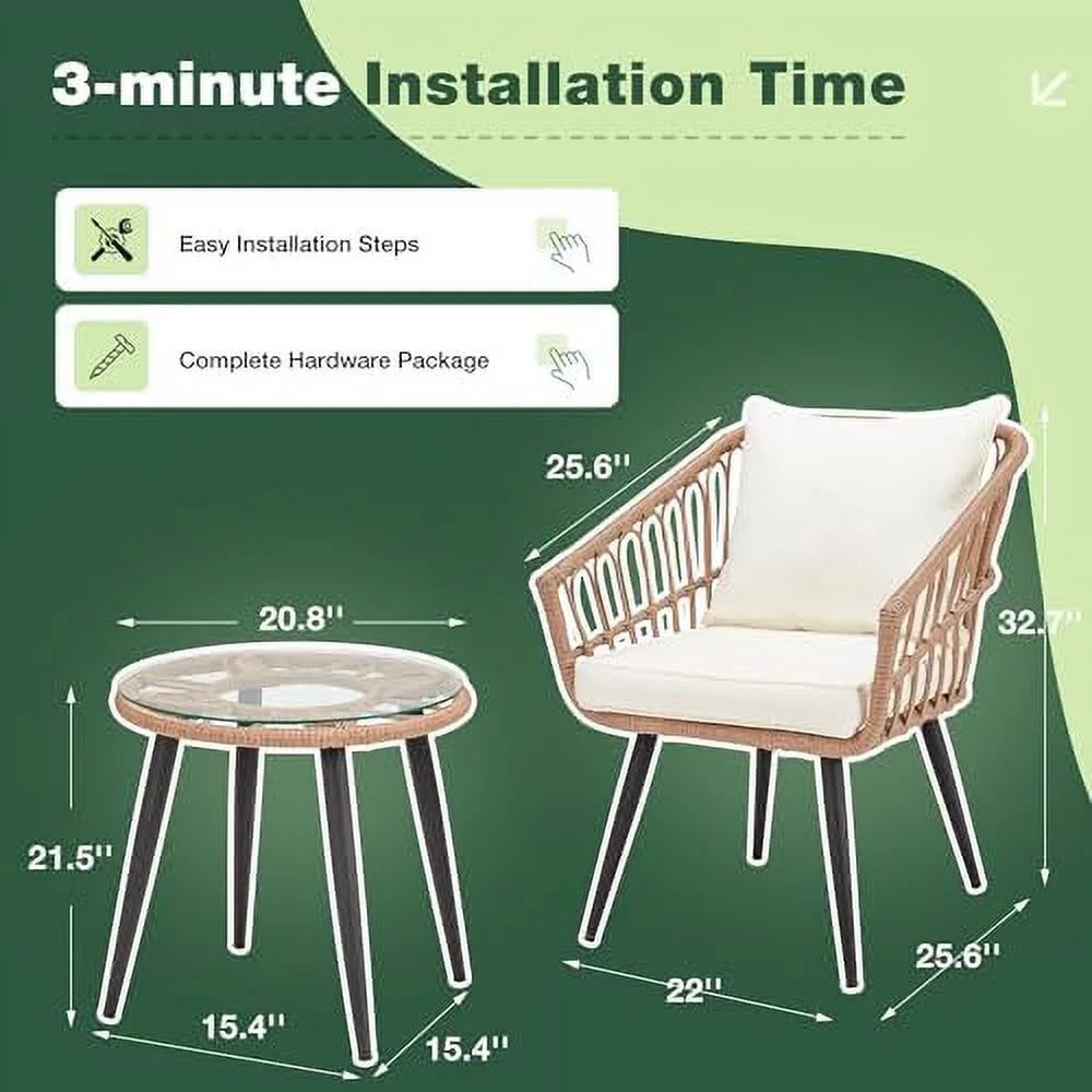 LNSETGC 3 Pieces Wicker   Patio Rattan Dining Set with Glass Top Table and Cushions  Outdoor Conversation  Set for Porch  Backyard and Garden (Grey)