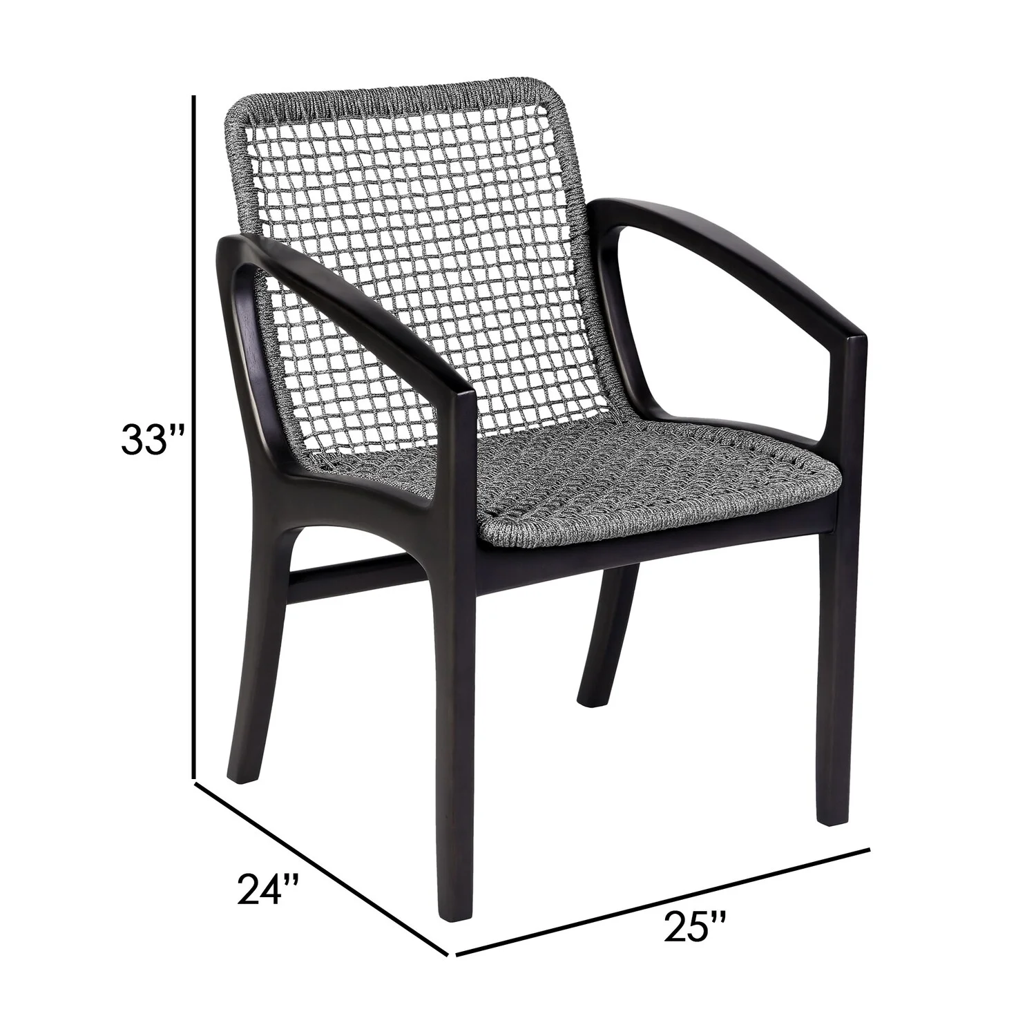Benjara Tye 25 Inch Patio DIning Chair, Dark Eucalyptus Wood, Gray Rope Seating