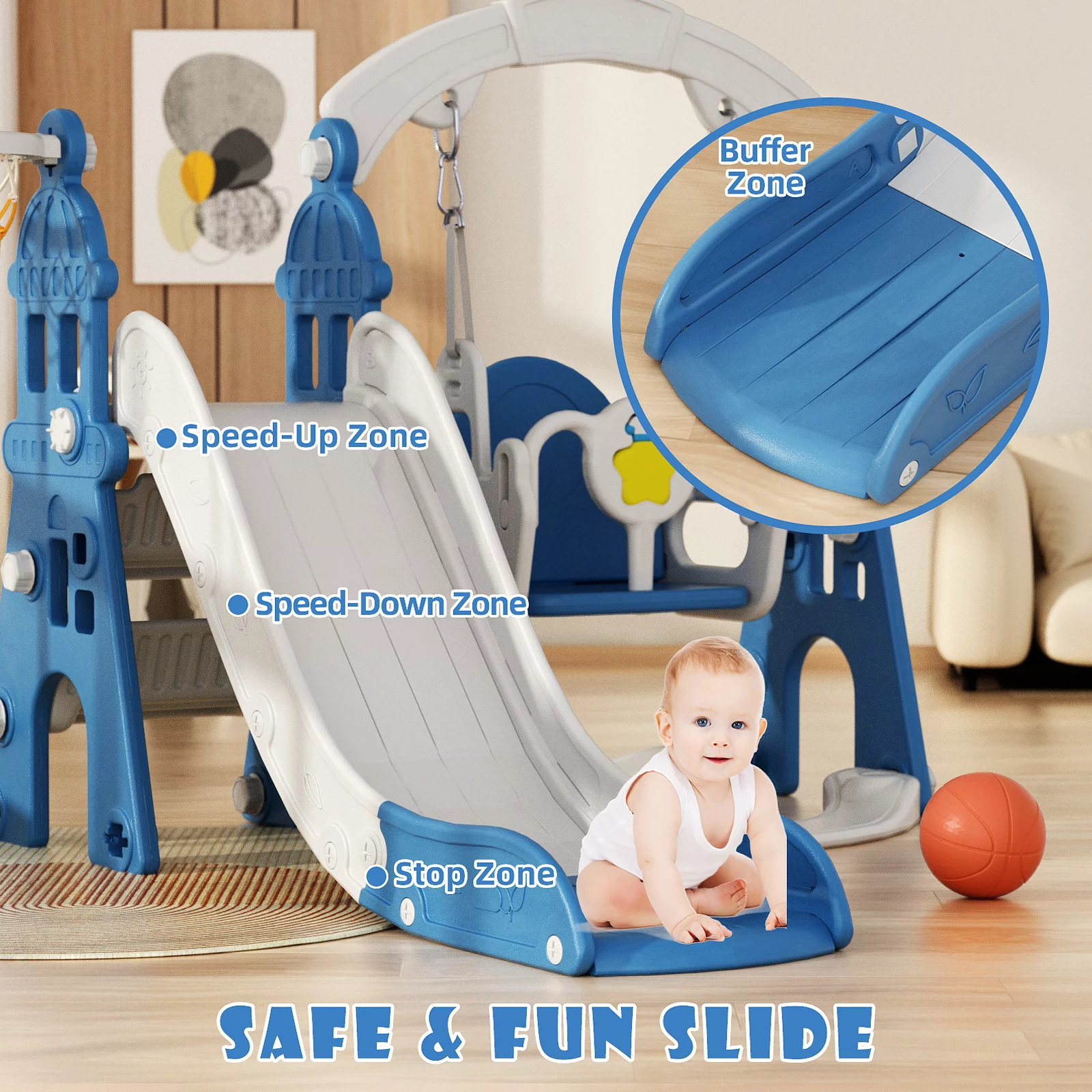XJD Slide and Swing Set for Toddler Age 1- 3 Years, 4-in-1 Toddles Extra-Large Playset Playground Indoor and Outdoor Swing Slide Climber Playset w/Basketball Hoop, Blue
