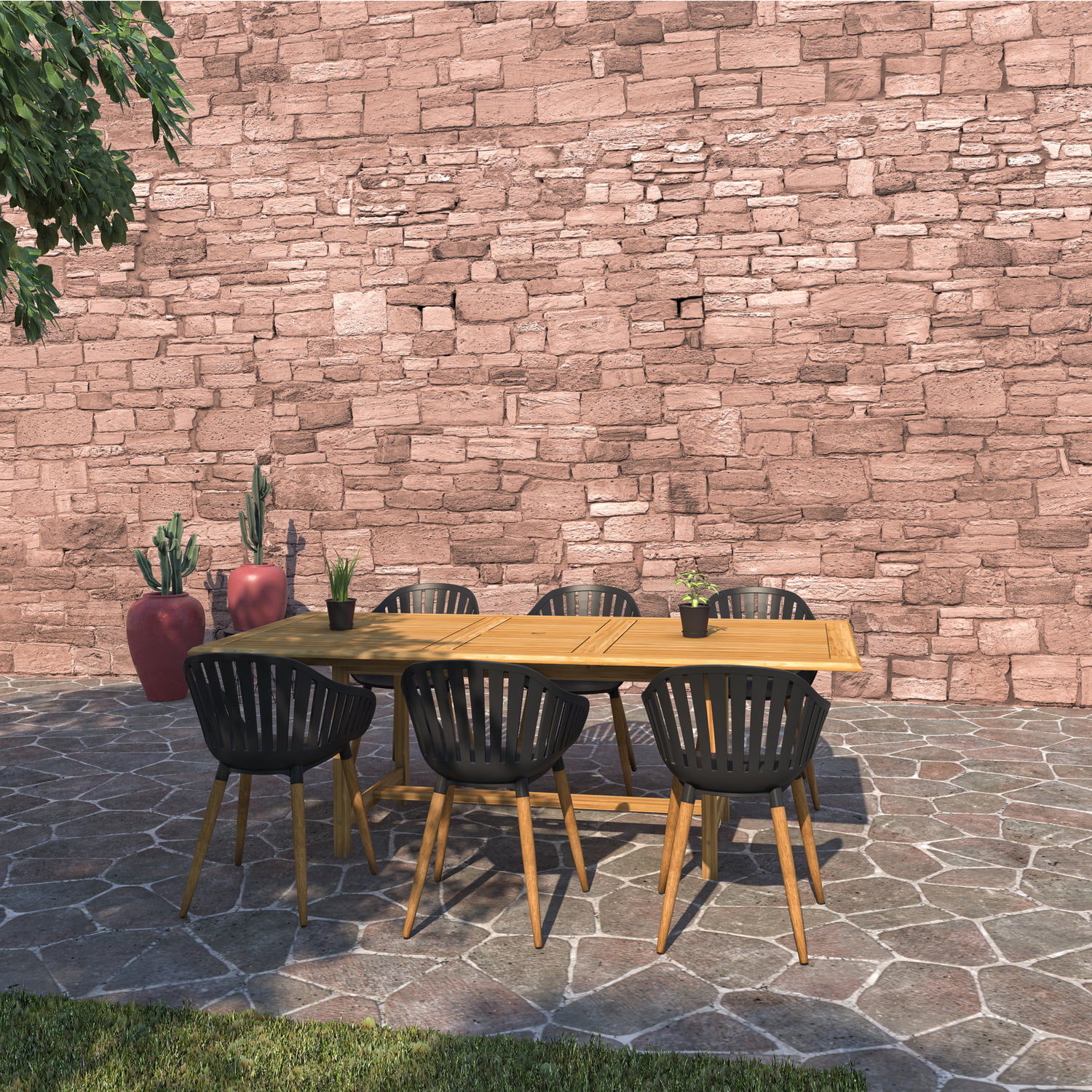 Amazonia 7 Piece Rectangular Patio Dining Set W/Black Plastic Teak Finish Chairs