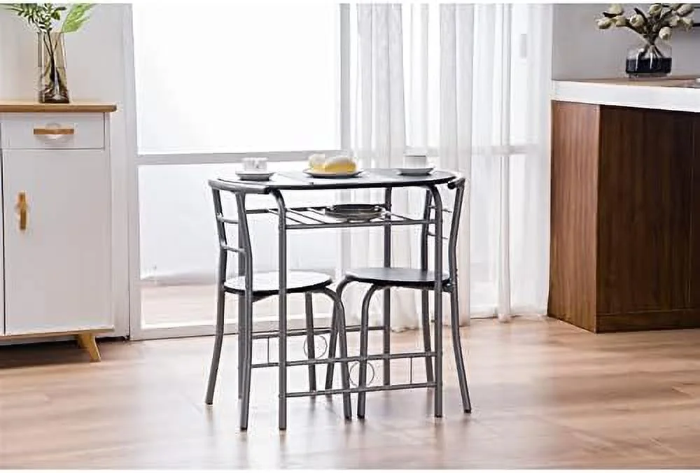 HYHBIBOOM 3-Piece Dining Table Set - Small Kitchen Breakfast Table Set - Wooden Table and 2 Chairs with Metal Frame - Compact Breakfast Nook Dining Set with Built-in Wine Rack - Space Sav