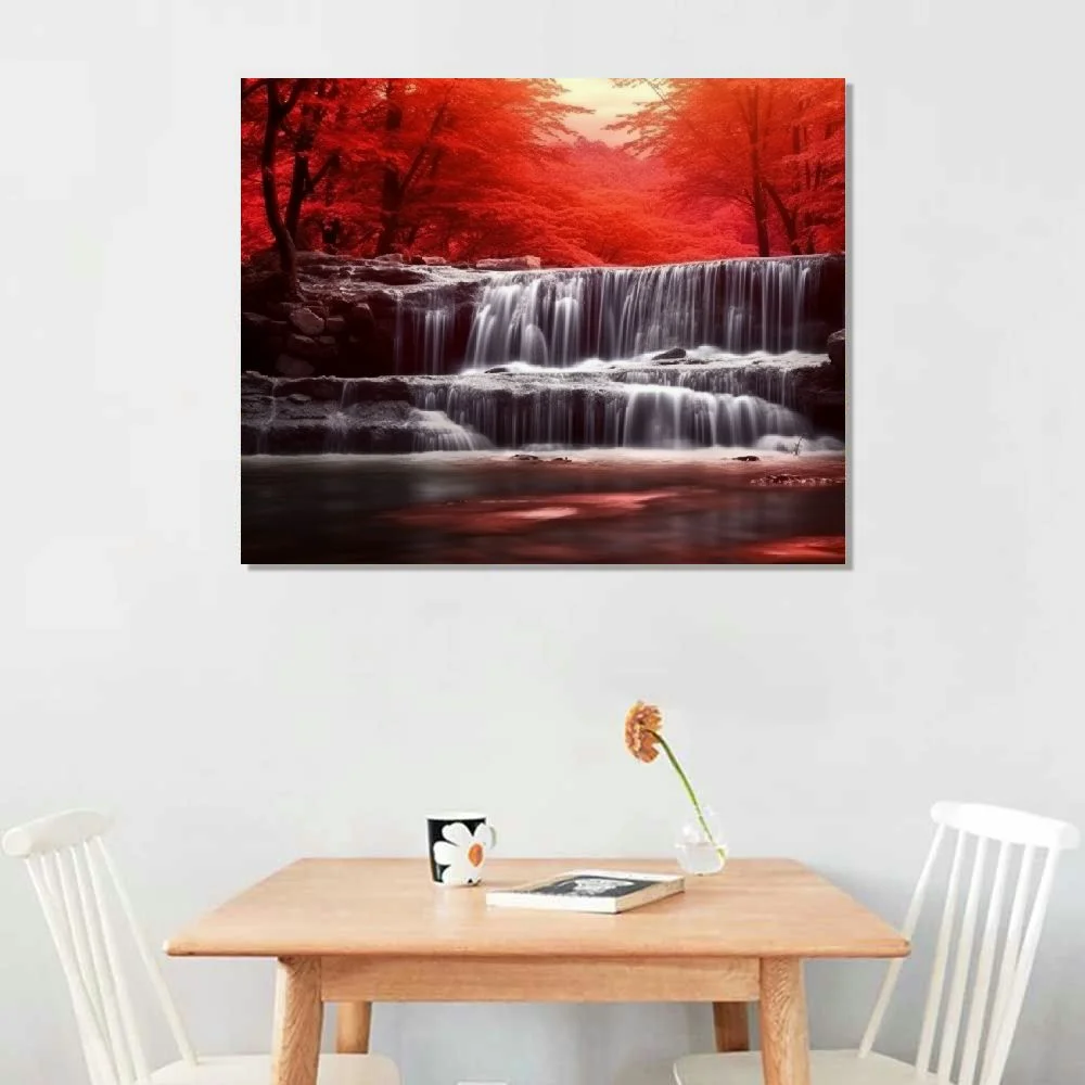 Lingy Canvas Wall Art Framed Prints Art Red Waterfall Wall Art Decor Landscape Picture Print on Canvas Modern Large Artwork Ready to Hang for Living Room Bedroom Wall Decoration  20x16in