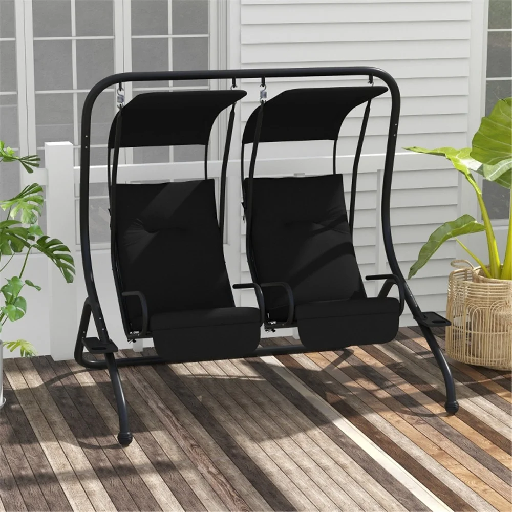 Yahaolhgd swing chair 2 seater patio swing set with stand heavy-duty black