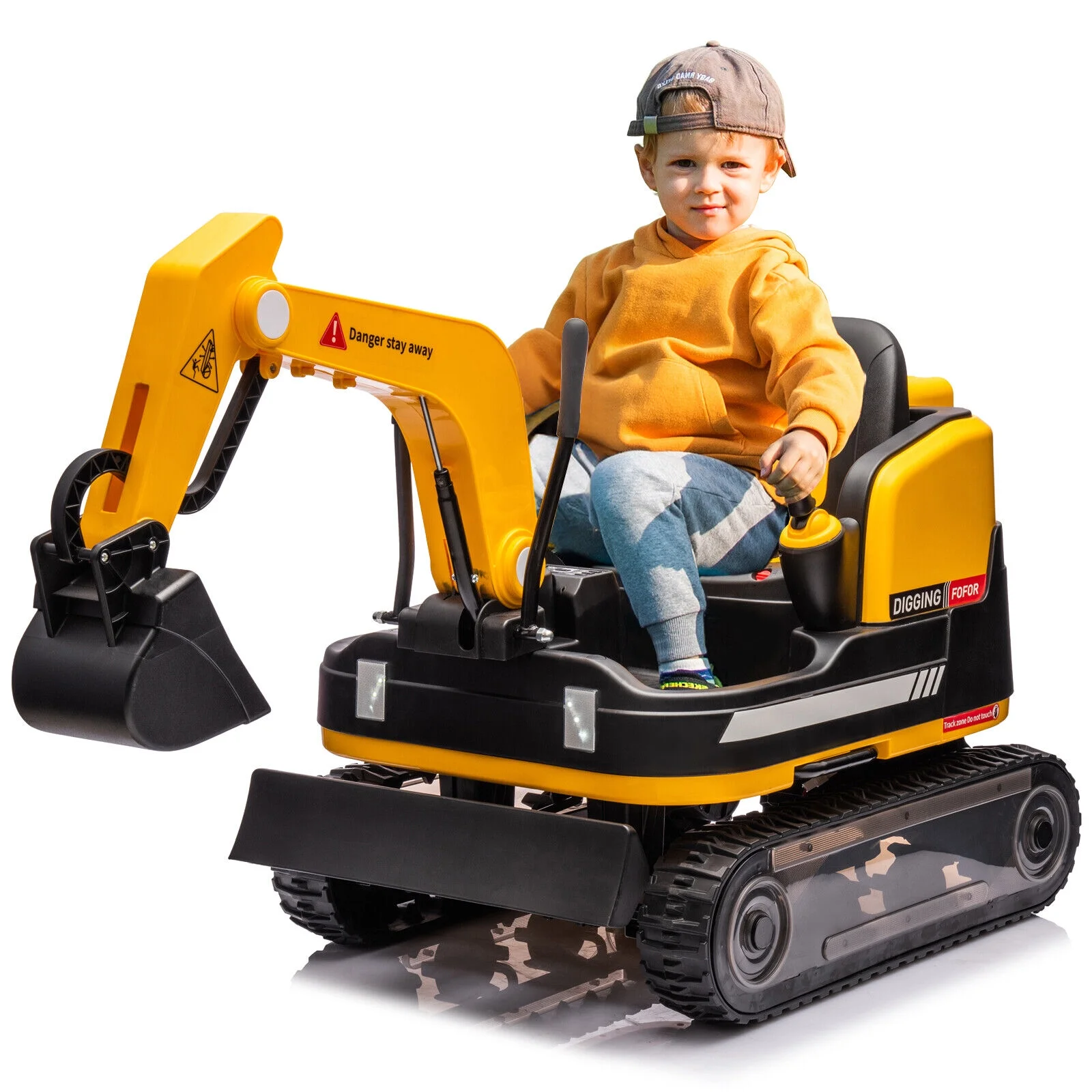 2 IN 1 12V12AH Powered Kids Ride On Excavator Bulldozer 360°Electric Traxcavator 3-speed w/Music,Toolbox,Remote Control(Yellow)