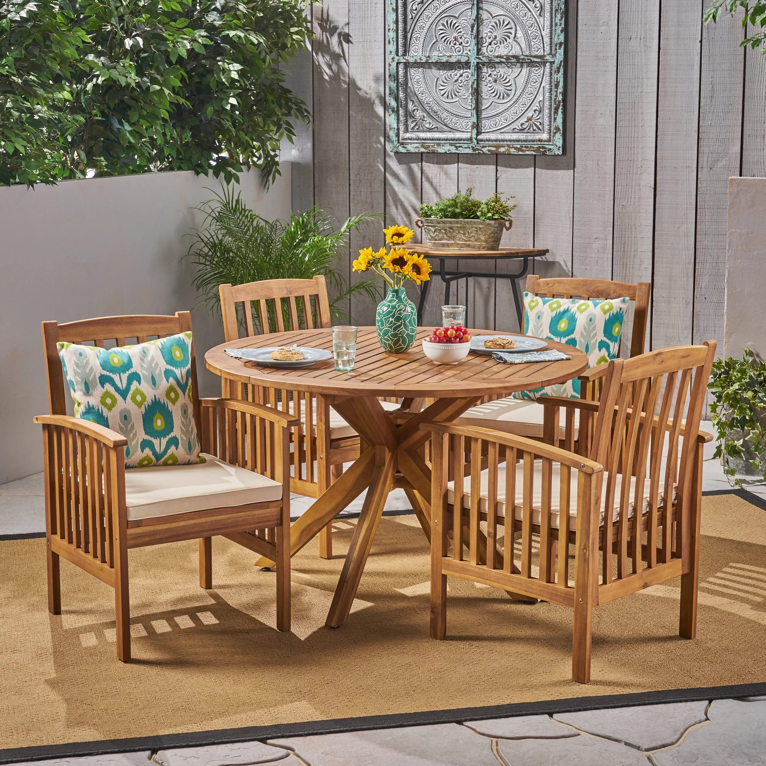 Landen Outdoor 5 Piece Acacia Wood Dining Set with Cushions and 47 Inch Round Table with X-Legs, Teak, Cream