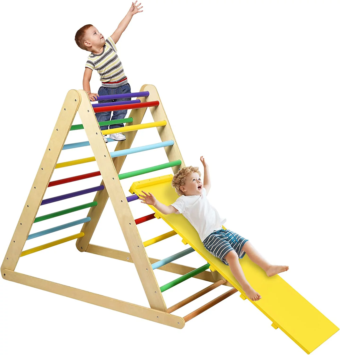 Triangle Climber with Ramp, 2-in-1 Indoor Toddler Climbing Triangle Set with Ladder & Slide, Foldable Wooden Kids Climbing Toys for Playground, Gym & Daycare, Gift for Boys Girls (Colorful)