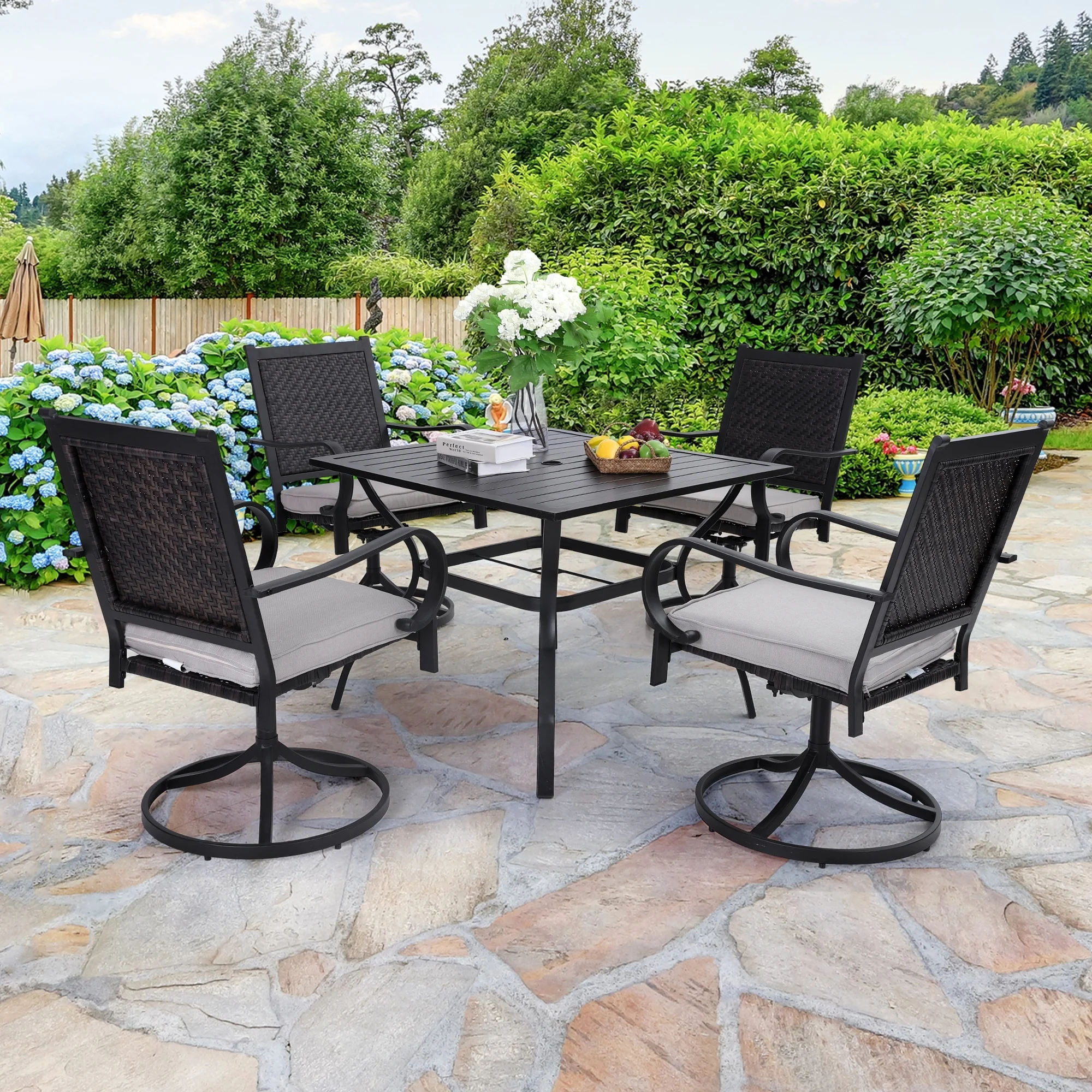 5-piece Patio Dining Set, 4 Rattan Swivel Chairs with Cushion and 1 Metal Table