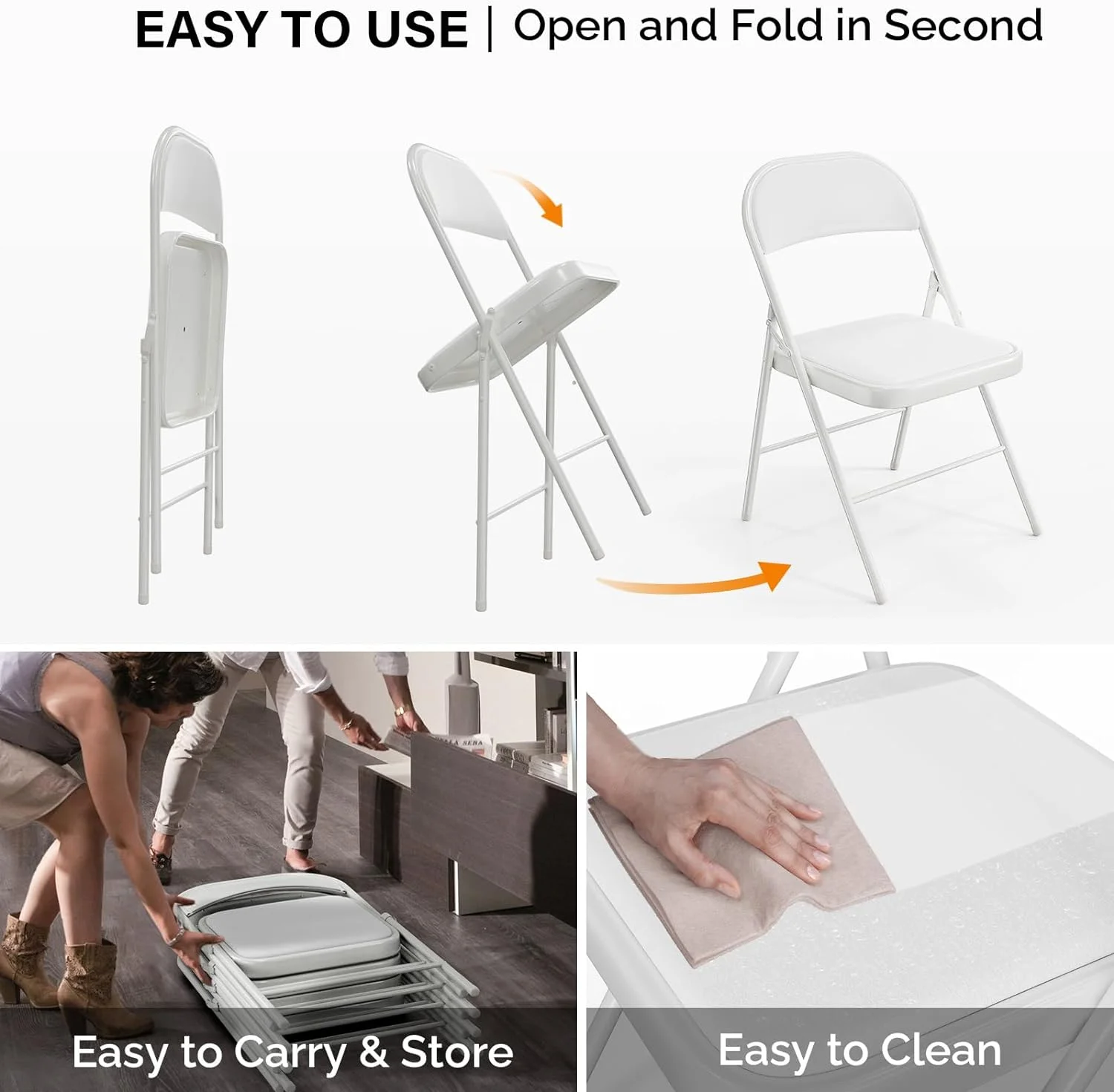 VINGLI Folding Chairs with Padded Seats, Metal Frame with Pu Leather Seat & Back, Capacity 350 lbs, White, Set of 6