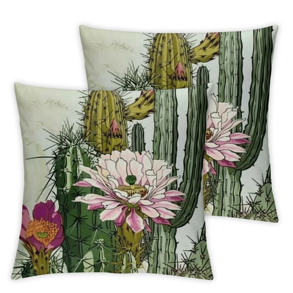 OBREWY Green Succulents and Cactus Plants with Flowers Pillow Case Set of 2 White