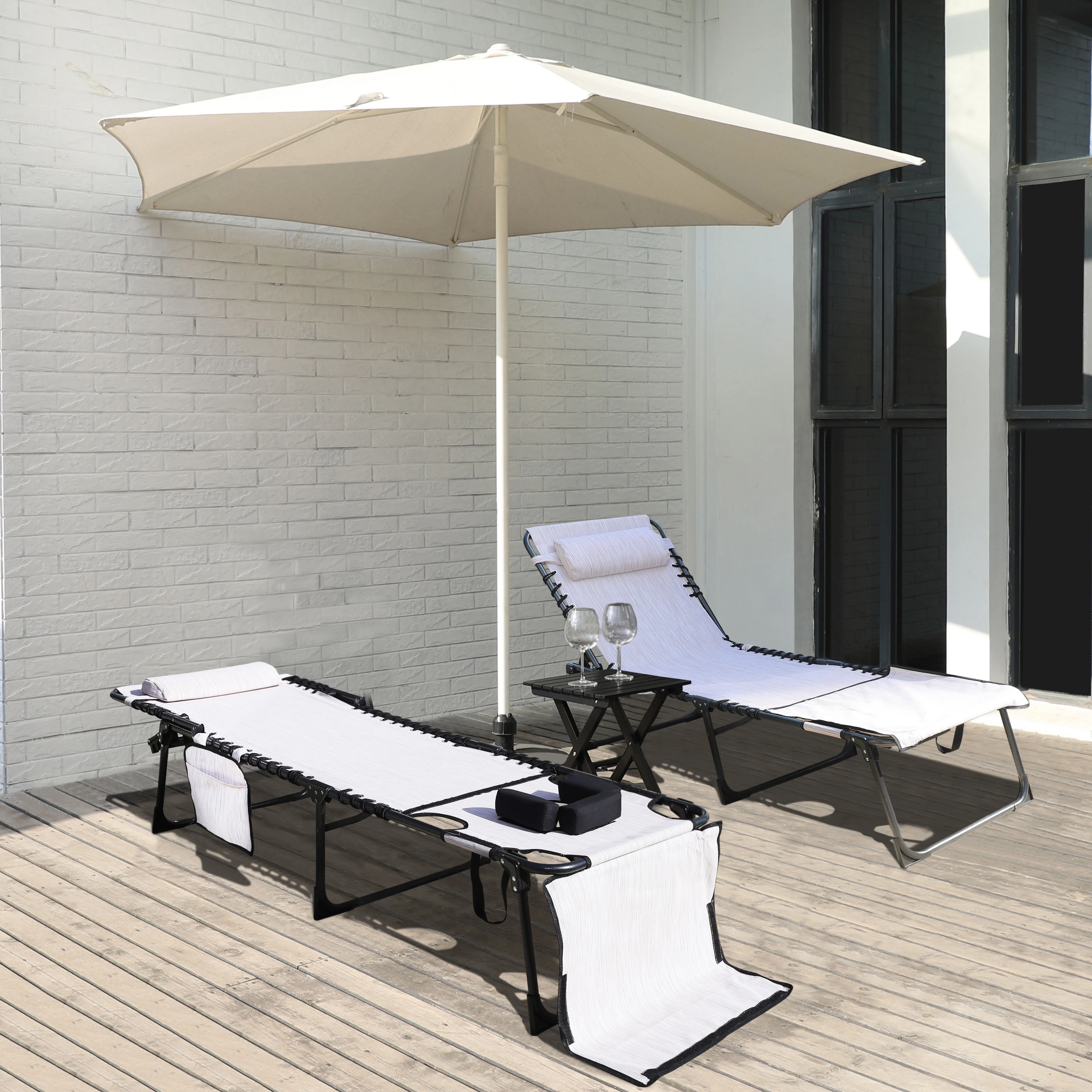 VEIKOUS Tanning Chair, 5-Position Adjustable Sunbath Lounge Chair w/Face & Arm Hole, Pillow & Pocket, Cream White