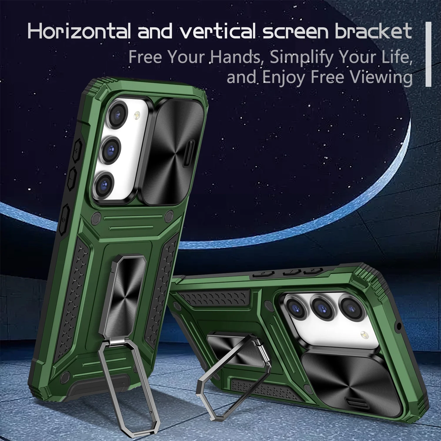 SaniMore for Samsung Galaxy S23 FE Stand Case, Slide Camera Cover 360 Degree Rotating Kickstand Magnetic Car Mount Hybird Tri-layer Rugged Shell Military-grade Shockproof Anti-drop Cover, Darkgreen