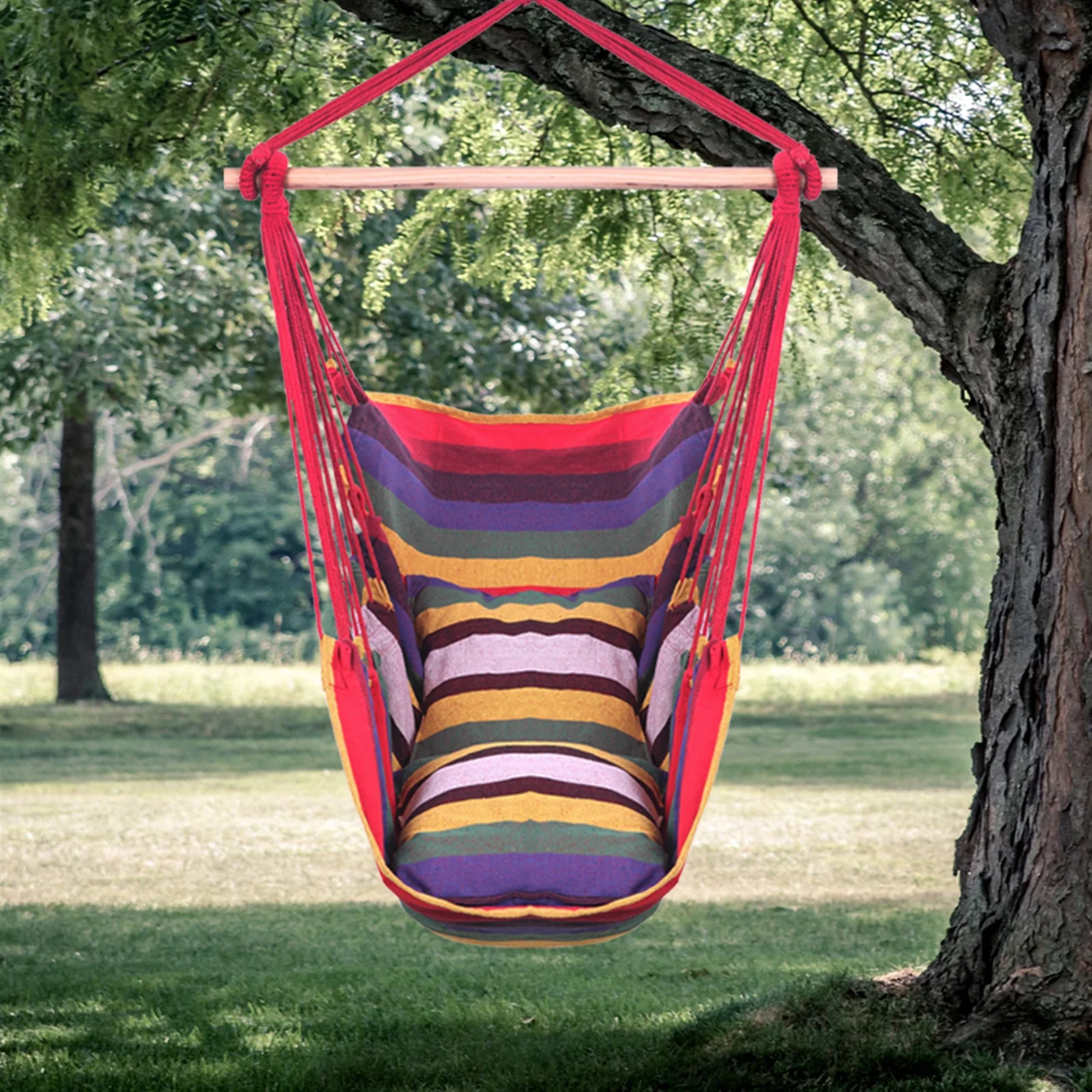 YeekTok Distinctive Cotton Canvas Hanging Rope Chair with Pillows Rainbow