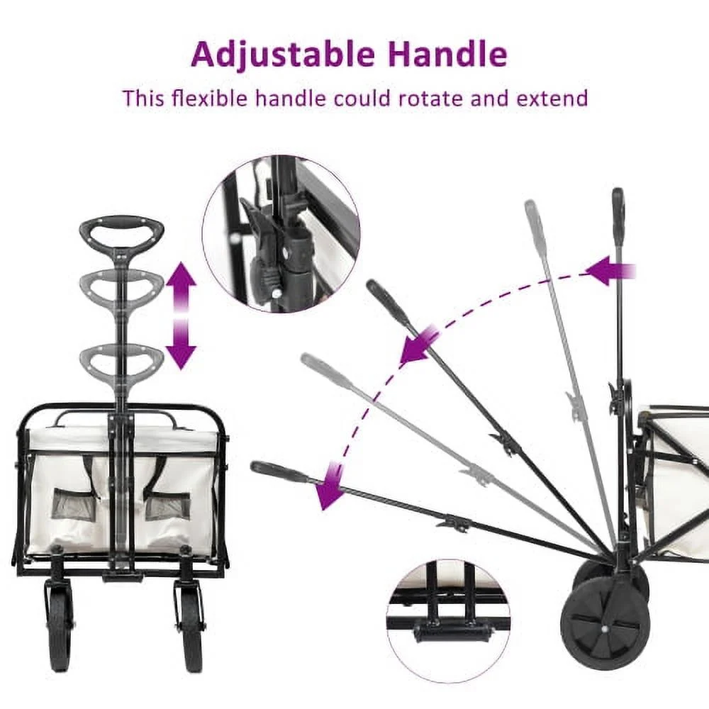 Buumin YSSOA Extended Folding Utility Wagon, 330LBS Heavy Loaded Collapsible Garden Cart with Anti-Slip Wheels, Adjustable Handle and Side Pockets, Large, White, X-Large