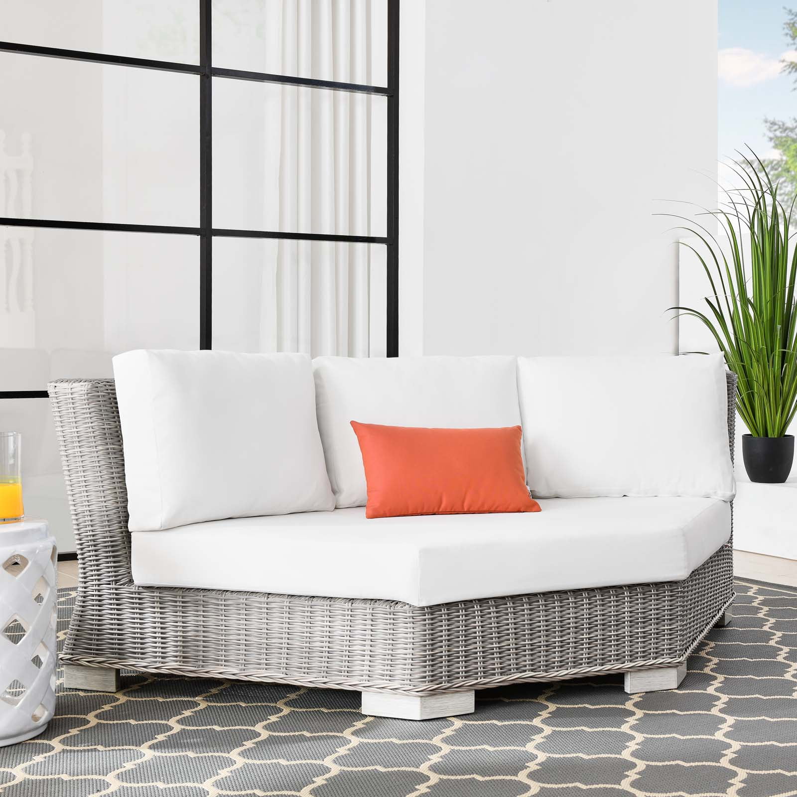 Modway Conway Outdoor Patio Wicker Rattan Round Corner Chair in Light Gray White