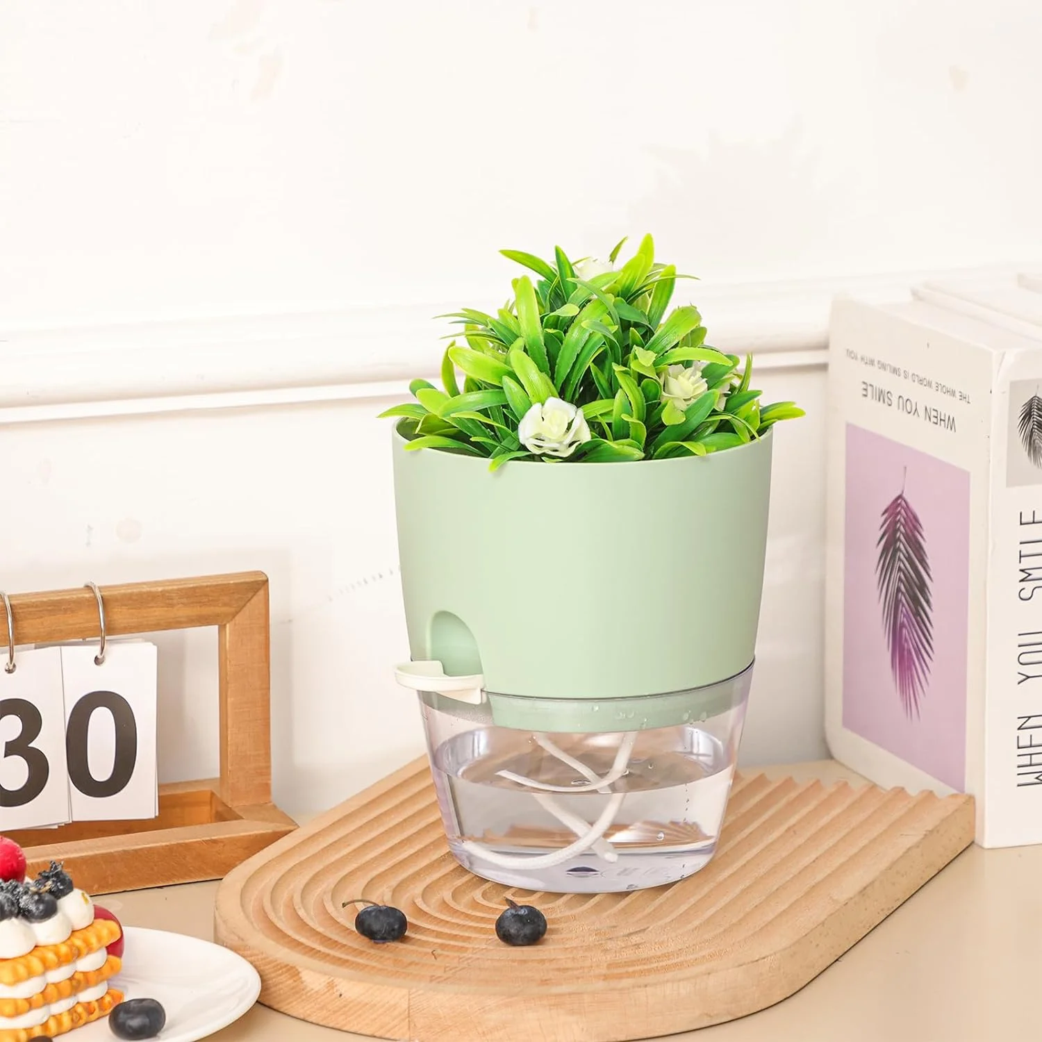 Fairy 4 Pack Plant Pots, African Violet Pots with Wick Rope, Plastic Self Watering Pots with Drainage Holes and Saucers, 6inches, Green