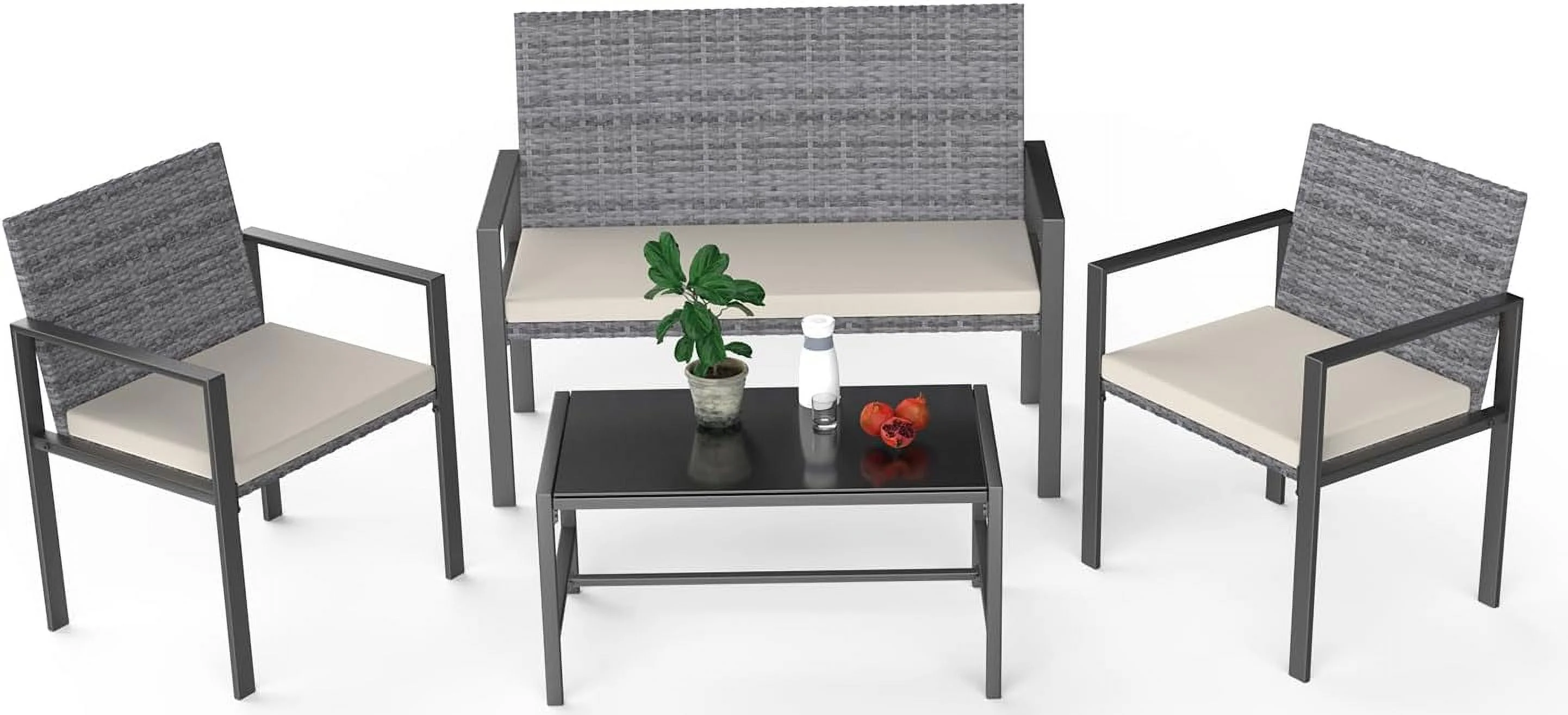 Bigzzia 4Pcs Outdoor Patio Rattan Furniture Set,Outdoor Garden Furniture,Includes 2 Rattan Chairs and 1 Loveseat,1 Coffee Table with Extra Cushions (Gray)