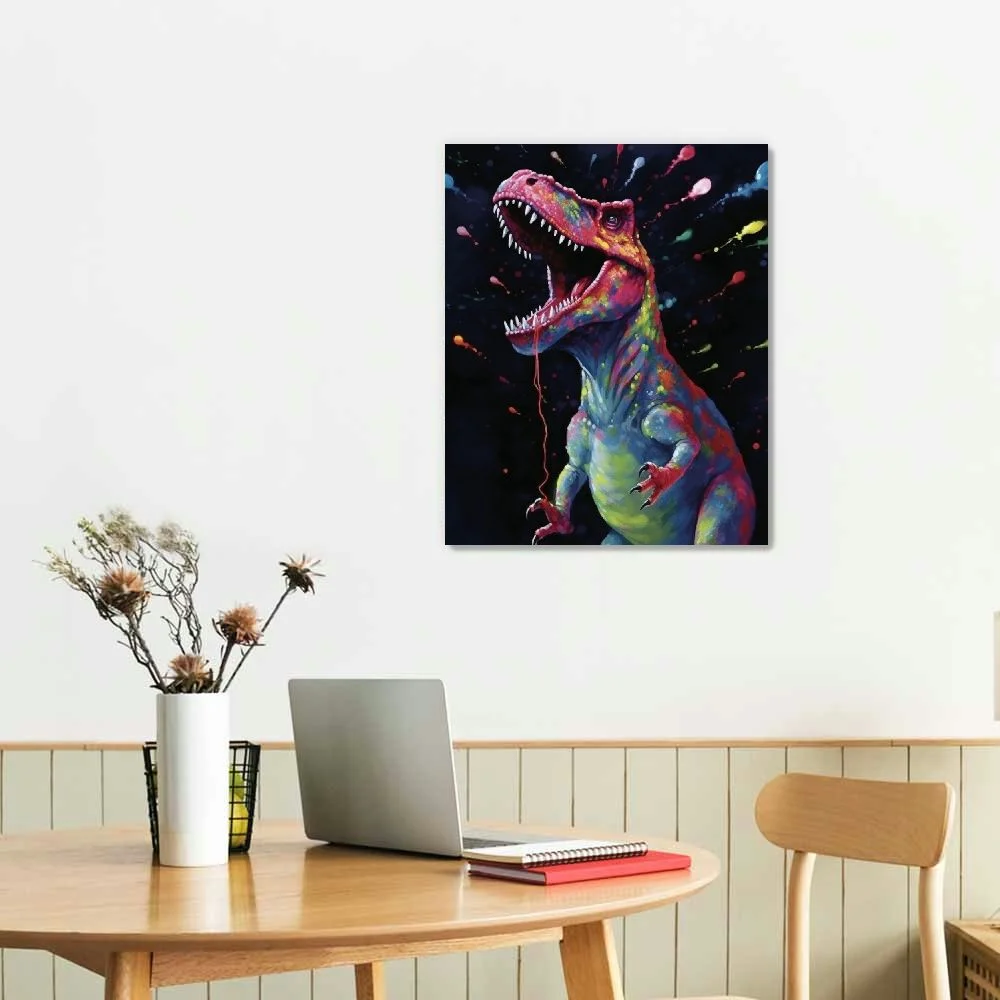 COMIO Canvas Painting Wall Decor-Cool Bubble Dinosaur Colorful Animal Black Pattern,Wall Art Print Paintings for Home/Living Room/Bedroom Decor Single Panel 16x20in