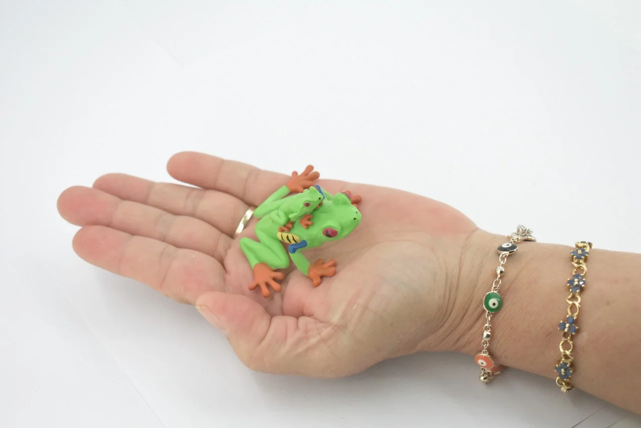Frog, Red Eyed Tree Frog, with Baby, Museum Quality, Rubber, Amphibian, Hand Painted, Realistic Toy Figure, Model, Kids, Educational, Gift, 2 1/2