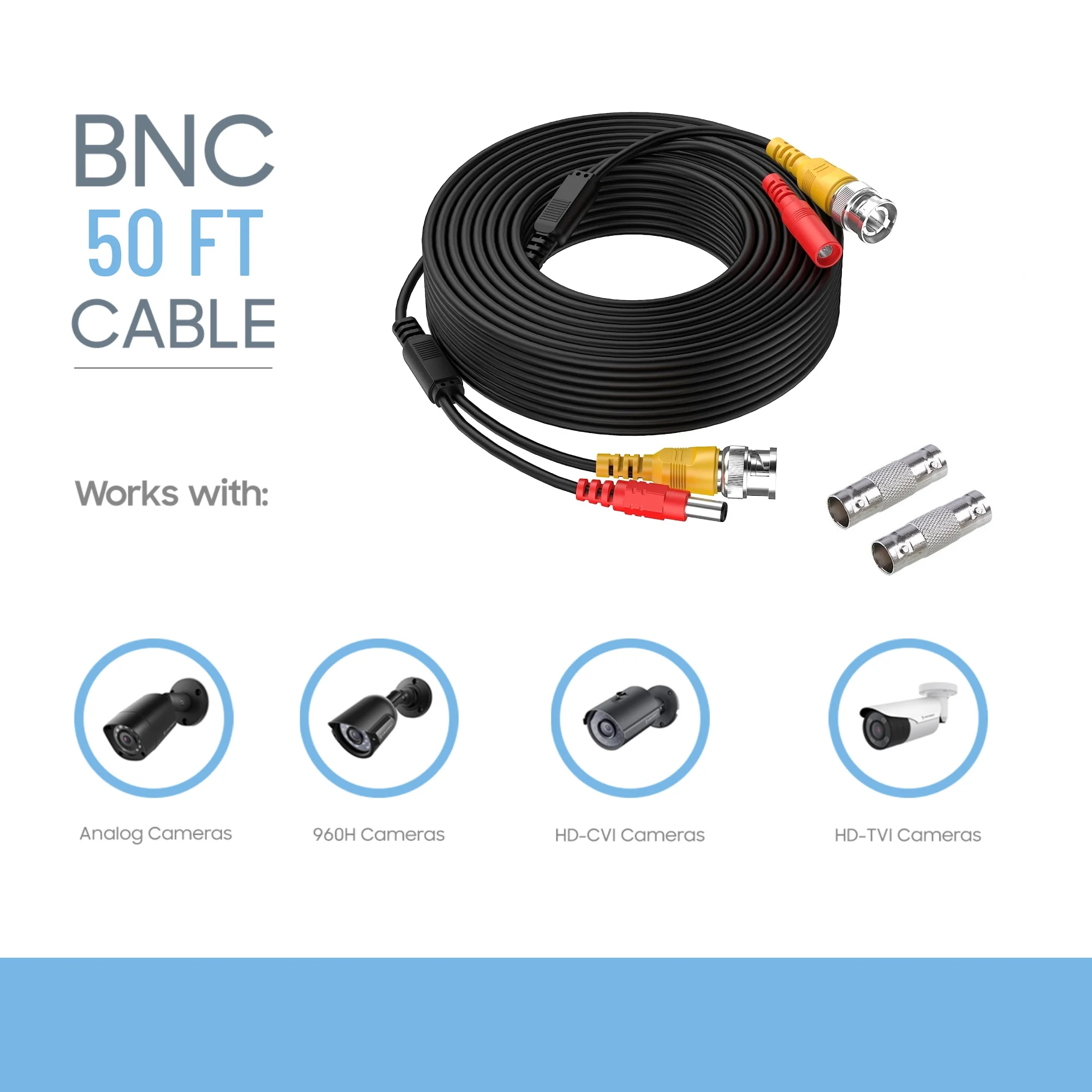 KONKIN BOO CCTV Security Camera BNC Cable Siamese Pre-Made 2-in-1 Video and Power Universal Wire PVC Black Cord 50 feet