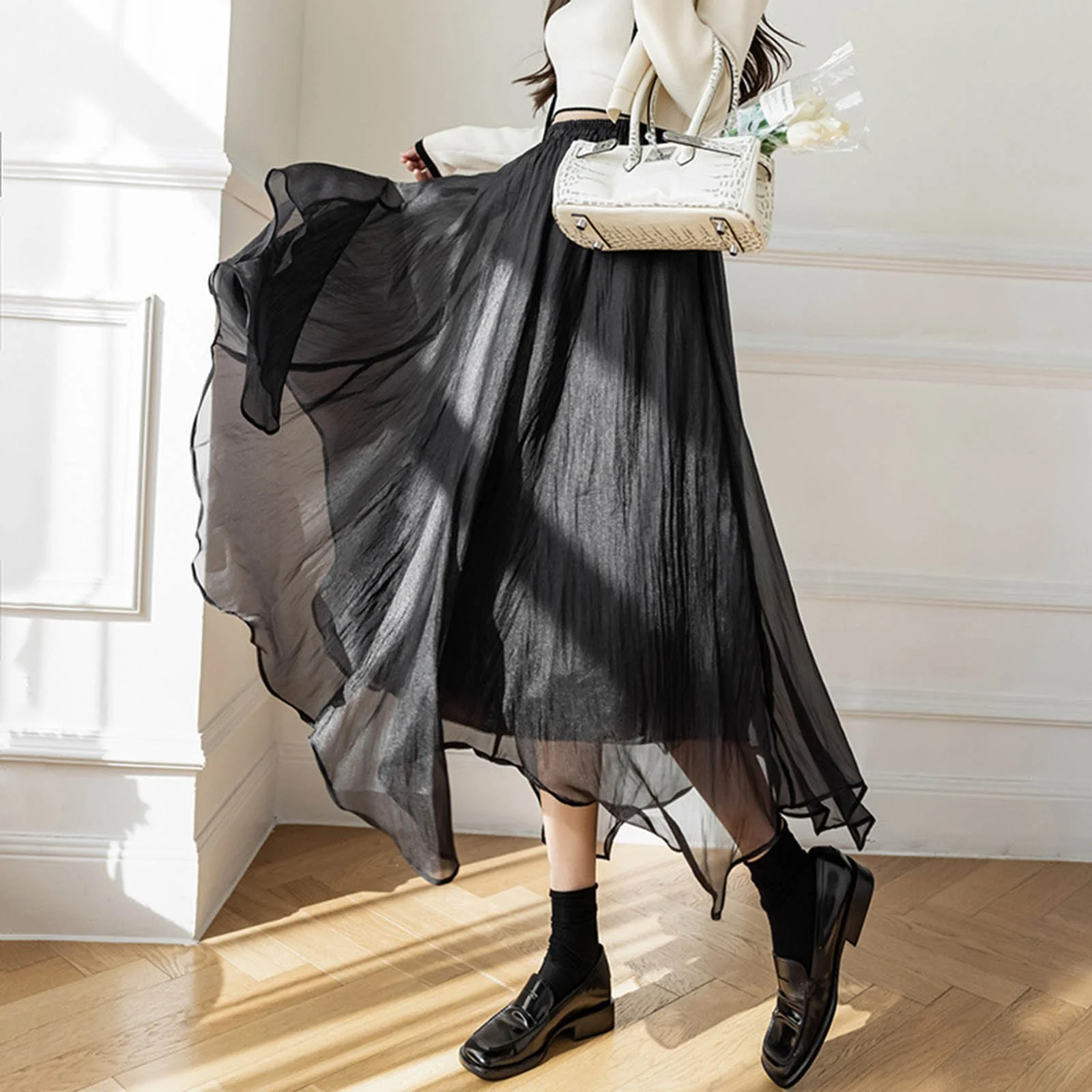 Spring Maxi Skirt 2023 Women'S Long Satin Fall Skirt Elegant High Waist Cocktail Party Wedding Flared A Line Midi Skirts Skirt Sets Women 2 Piece Outfits Business Casual