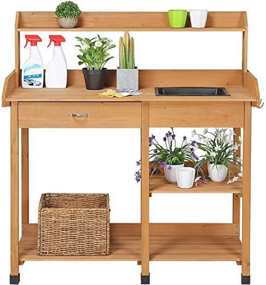 LNSETGC 45.2x17.7x47.6'' (LxWxH) Potting  Outdoor Garden Potting Table Work Bench with Removable Sink Drawer Rack Shelves Work Station  Wood