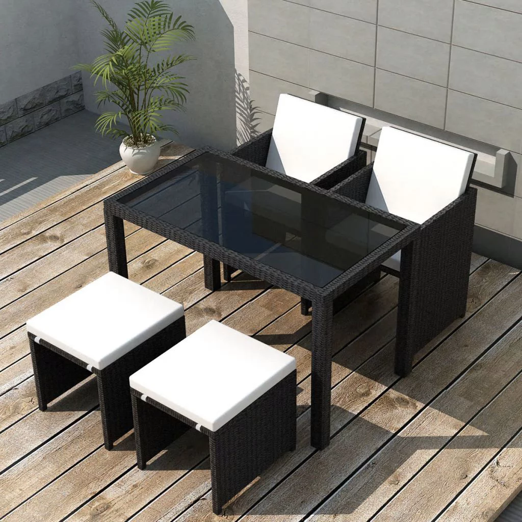 Andoer 5 Piece  Dining Set with Cushions Poly Rattan Black