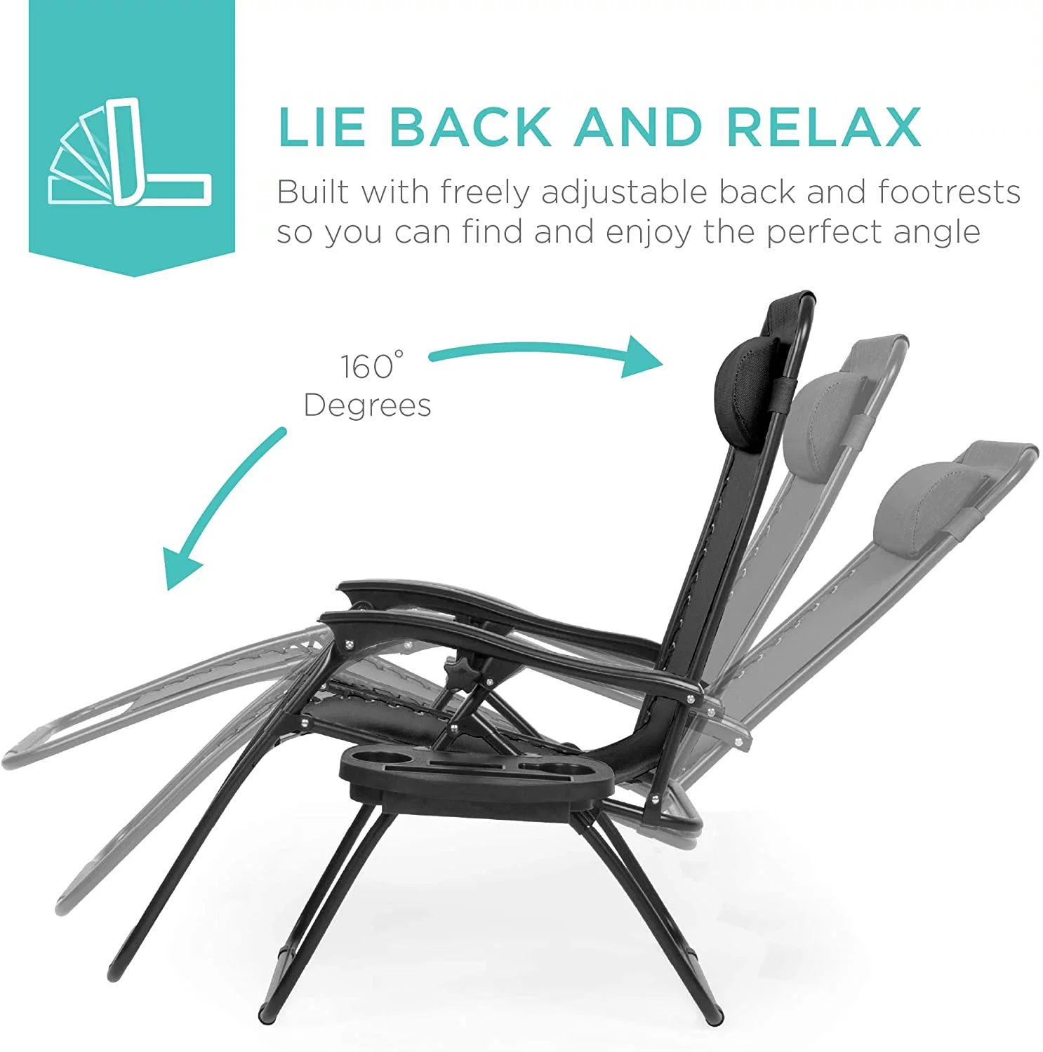 Set of 2 Adjustable Steel Mesh Zero Gravity Lounge Chair Recliners w/Pillows and Cup Holder Trays, Black