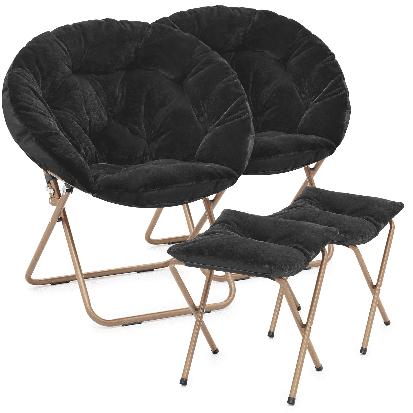 Magshion Set of 2 Saucer Chair with Ottoman, Oversized Folding Chair and Footrest Set with Metal Frame, Foldable Lounge Chair and Foot Stool Set, Black