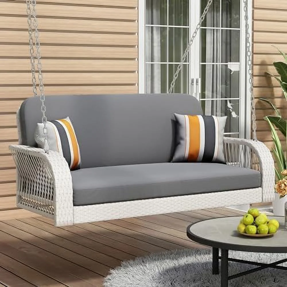 xrboomlife 2-Seater Wicker Hanging Porch Swing Bench with Hanging Chains for 2 Patio  Swing Rattan Swing Bench for Garden  Backyard  Pond