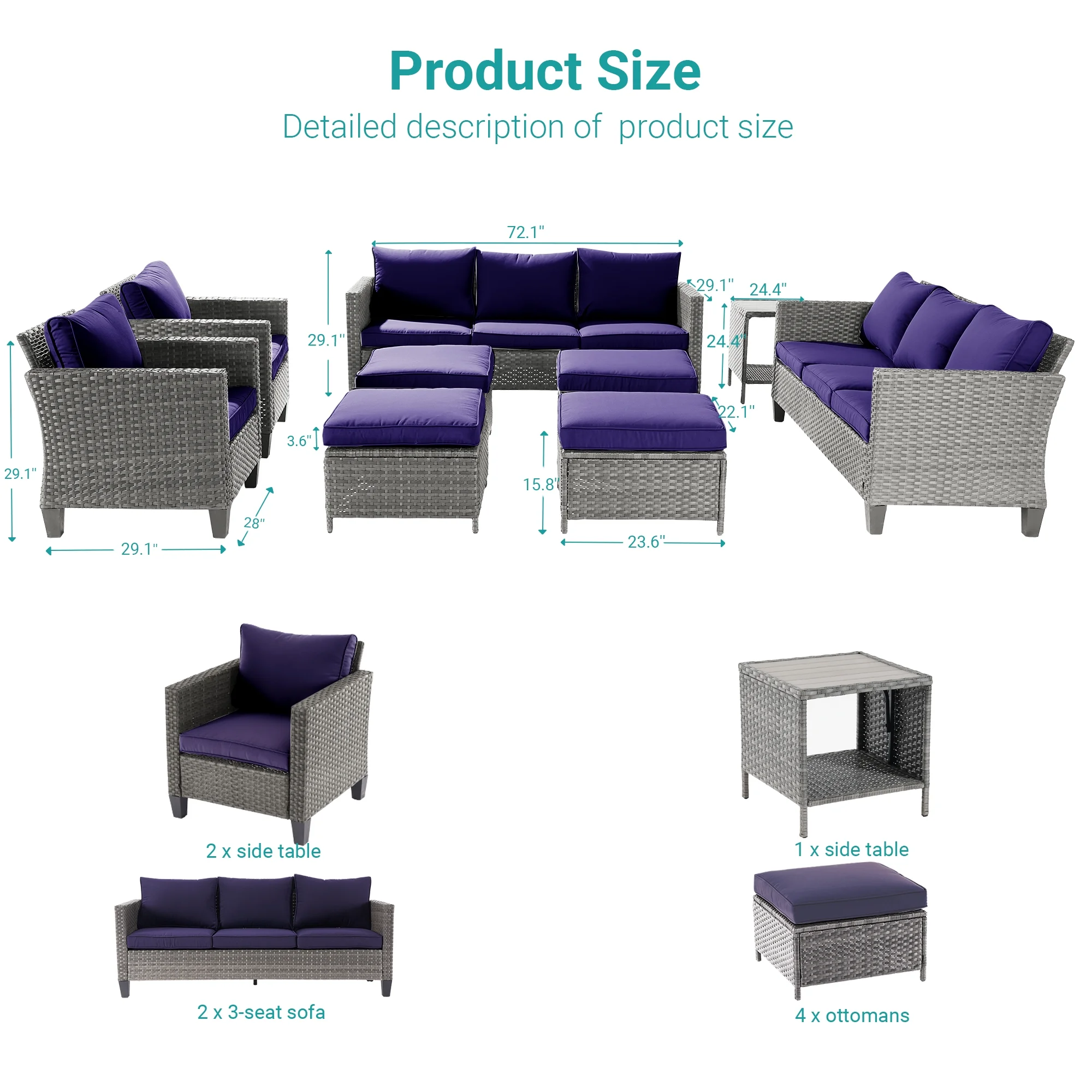 Sonerlic 9-Piece Patio Sofa Set Rattan Outdoor Furniture Set Three-Seat Sofa Ottomans Suiting Backyard, Poolside and Patio,Navy Blue