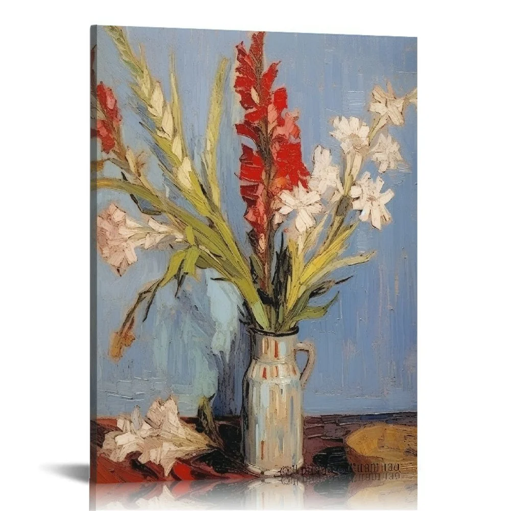 PRATYUS  Vase with Gladioli and China Asters Famous Oil Paintings Reproduction Modern Floral  Canvas Prints Artwork Abstract Flowers Pictures Home Decor 16x20 in/12x16 in
