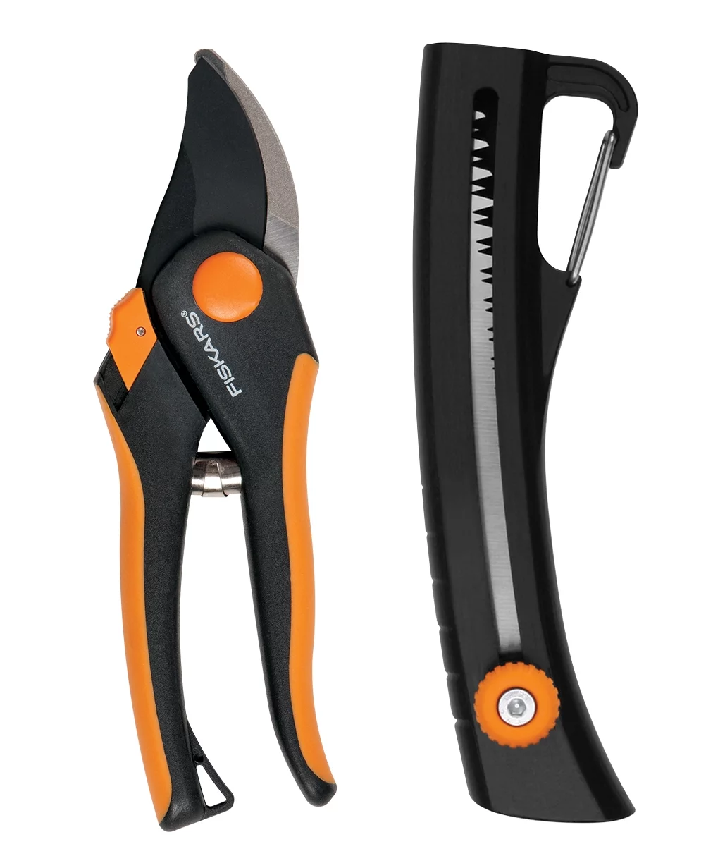 Fiskars Bypass Pruner and Saw Garden Tool Set with Steel Blades and Non-Slip Handles