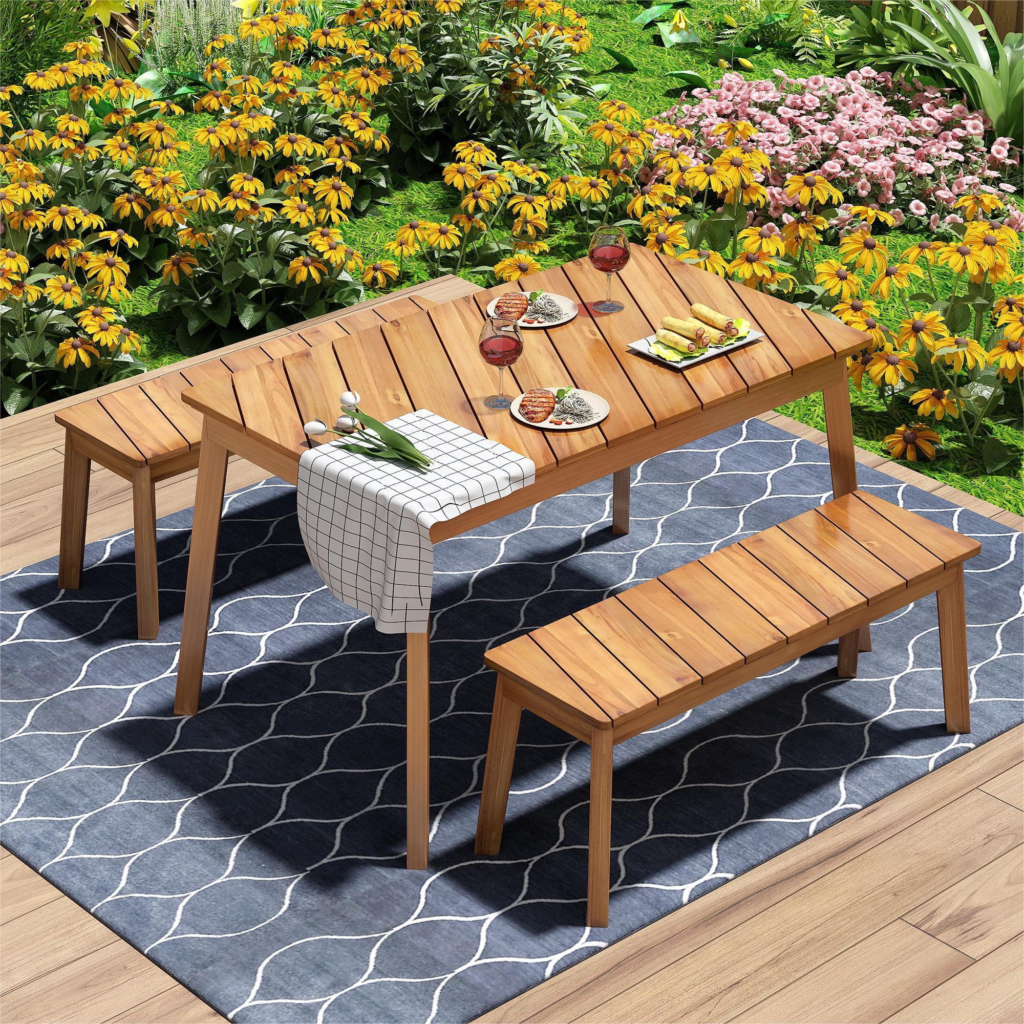 3-Piece Acacia Wood Dining Set - Outdoor & Indoor Furniture with 2 Benches, Natural Finish - Ideal for Patio, Porch, Garden, Poolside, Picnics and Beers