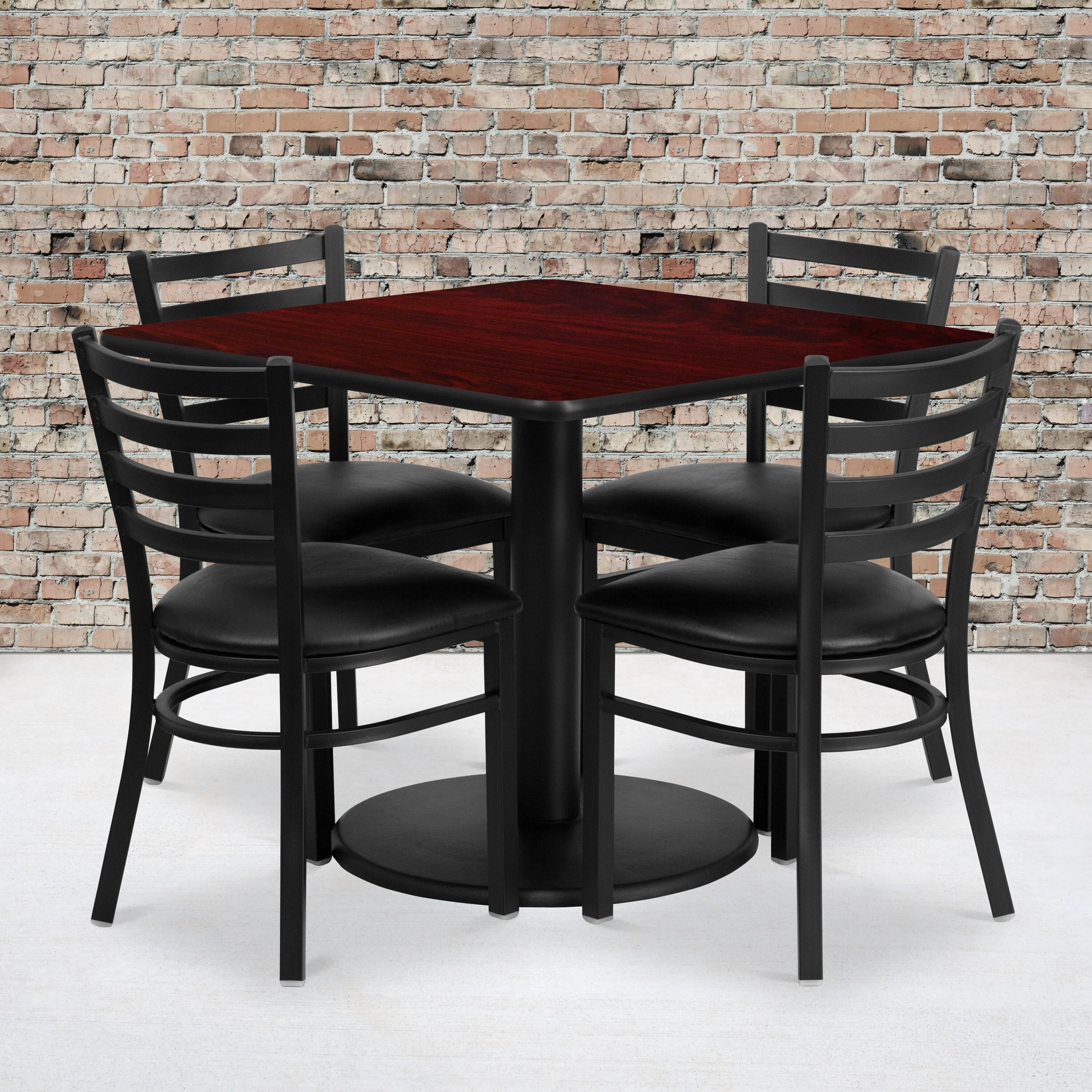 Lancaster Home 36'' Square Laminate Table Set with Round Base and 4 Ladder Back Metal Chairs