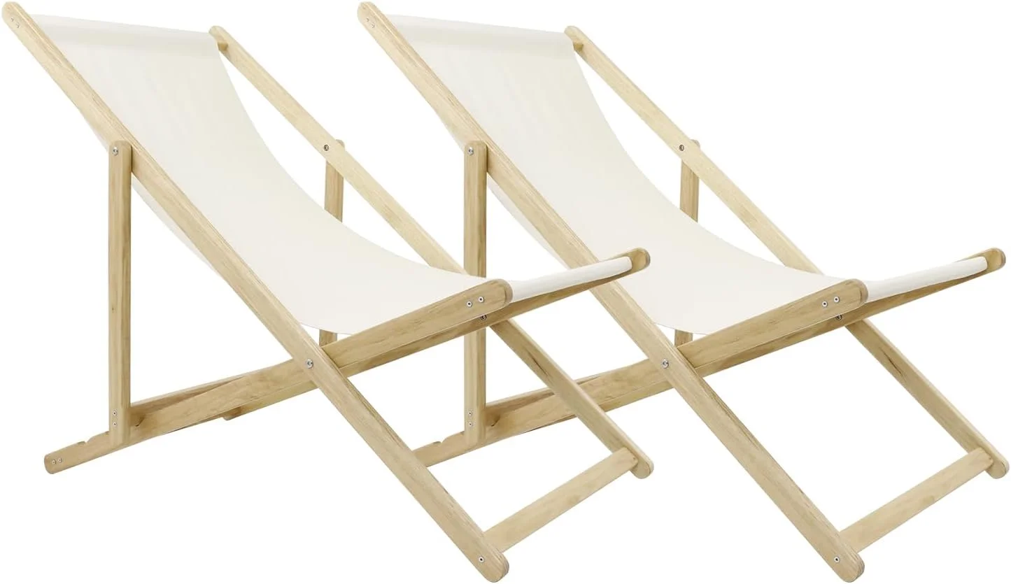 Wooden Patio Lawn Deck Chairs 2 Set Outdoor Camping Sling Chairs,Beach Sling Chair Set - Durable Acacia Wood and Triple-Layer Polyester Canvas, Adjustable and Portable（Natural Wood）