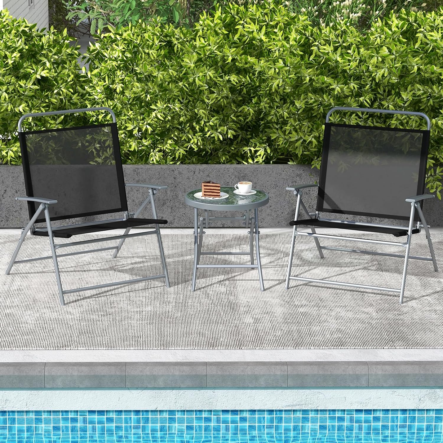 3 Piece Patio Folding Chair Set, Outdoor Metal Conversation Set w/Coffee Table, Extra-Large Seat, Stable Metal Frame, Portable Folding Chair & Table Set for Front Porch, Backyard