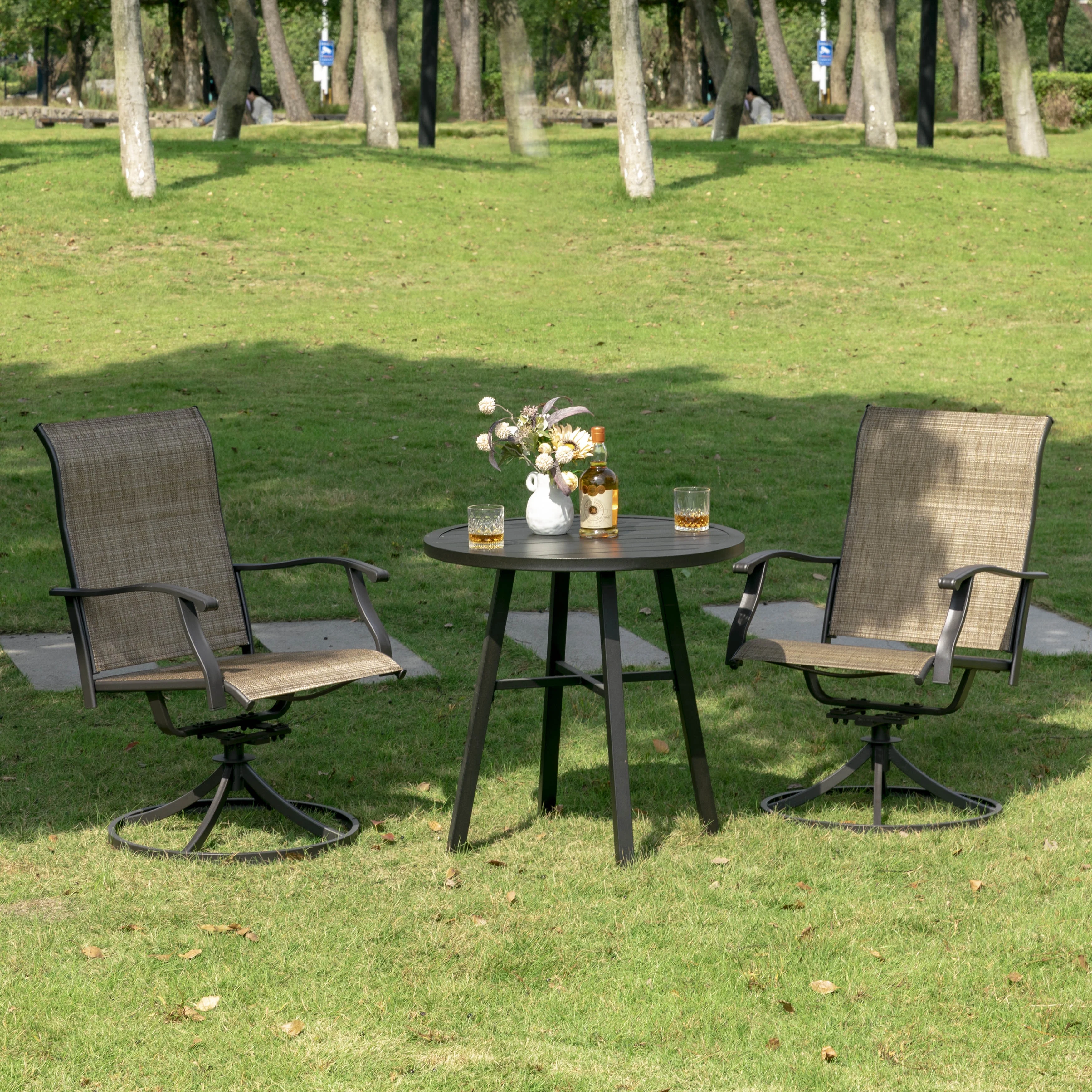 Nuu Garden 3 Piece Patio Bistro Set, Textilene Swivel Patio Chairs and Iron Table All-Weather Outdoor Furniture Set for Lawn, Backyard, Balcony, Brown