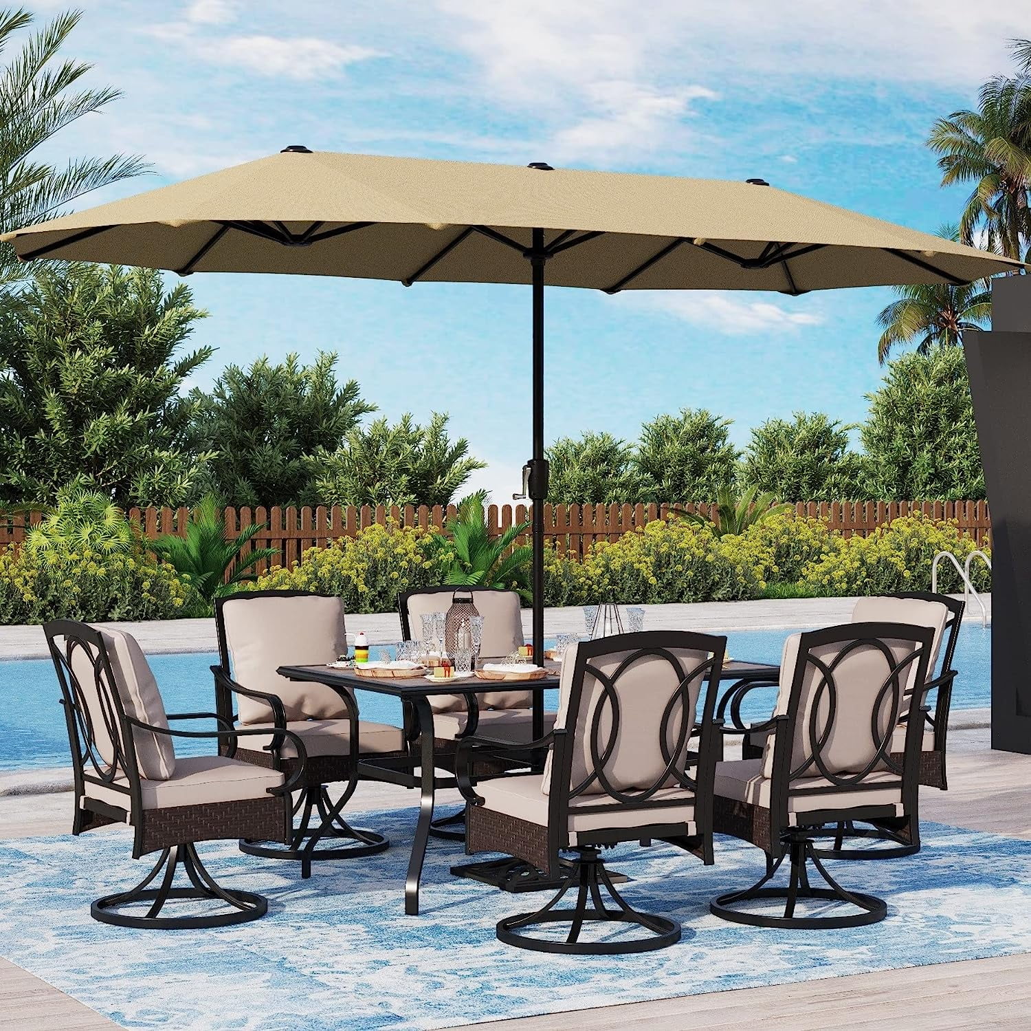 & William Patio Table and Chairs with 10ft 3 Tier Auto-tilt Beige Umbrella  6 Piece Outdoor Table Furniture Set with 4 Padded Swivel Rocker Dining Chairs  1 Square Metal Table and 1 U