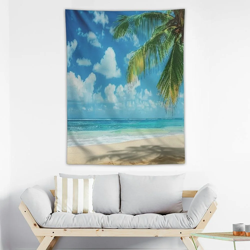 Cmefzd  Ocean Tapestry Queen Size, Palm Tree Leaves in the Tropical Sand Beach Sea Landscape Graphic Print, Wall Hanging Bedspread Bed Cover Wall Decor, Cream Green 30x40in