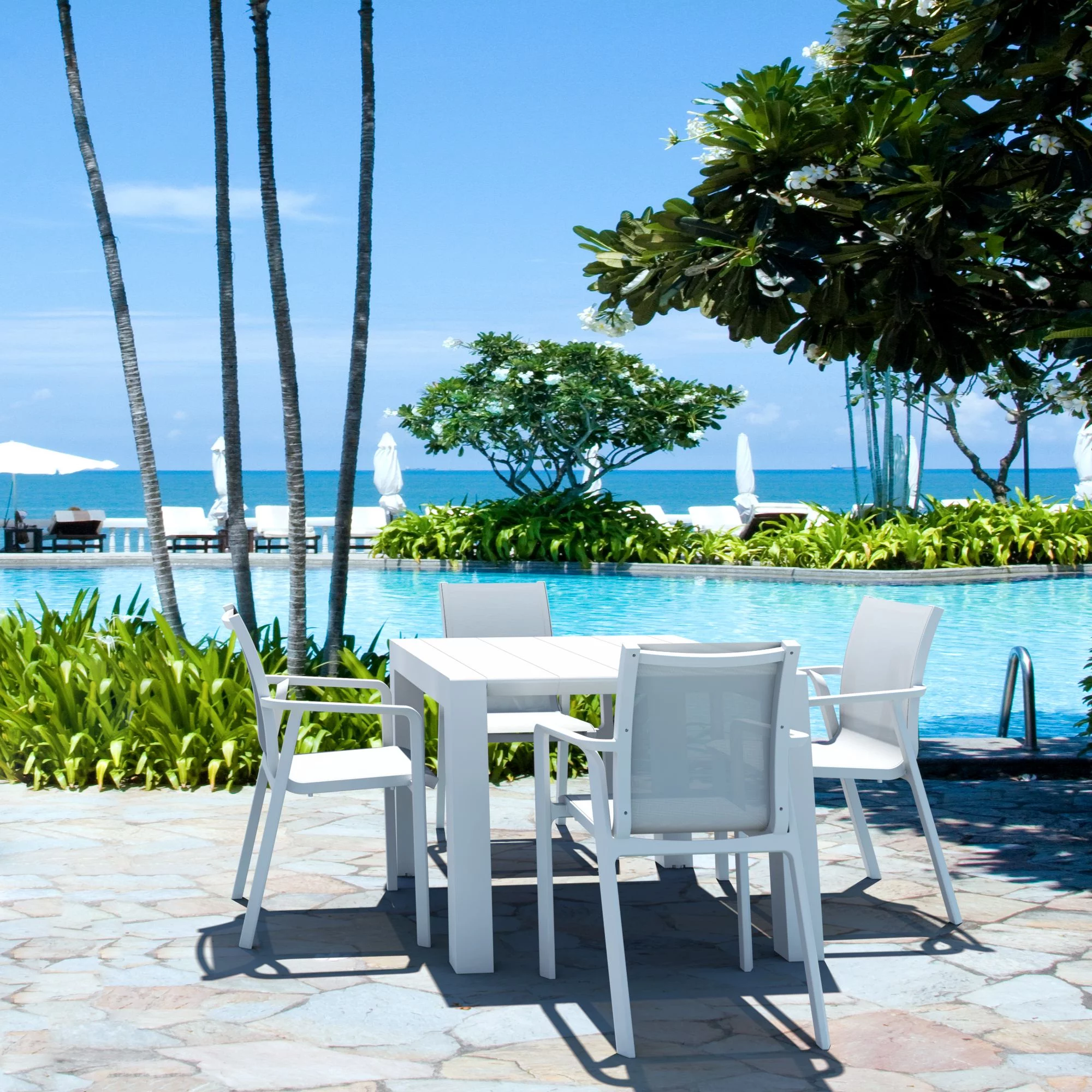 5-Piece White Resin Patio Dining Set with Extension Table and Sling Arm Chairs 55