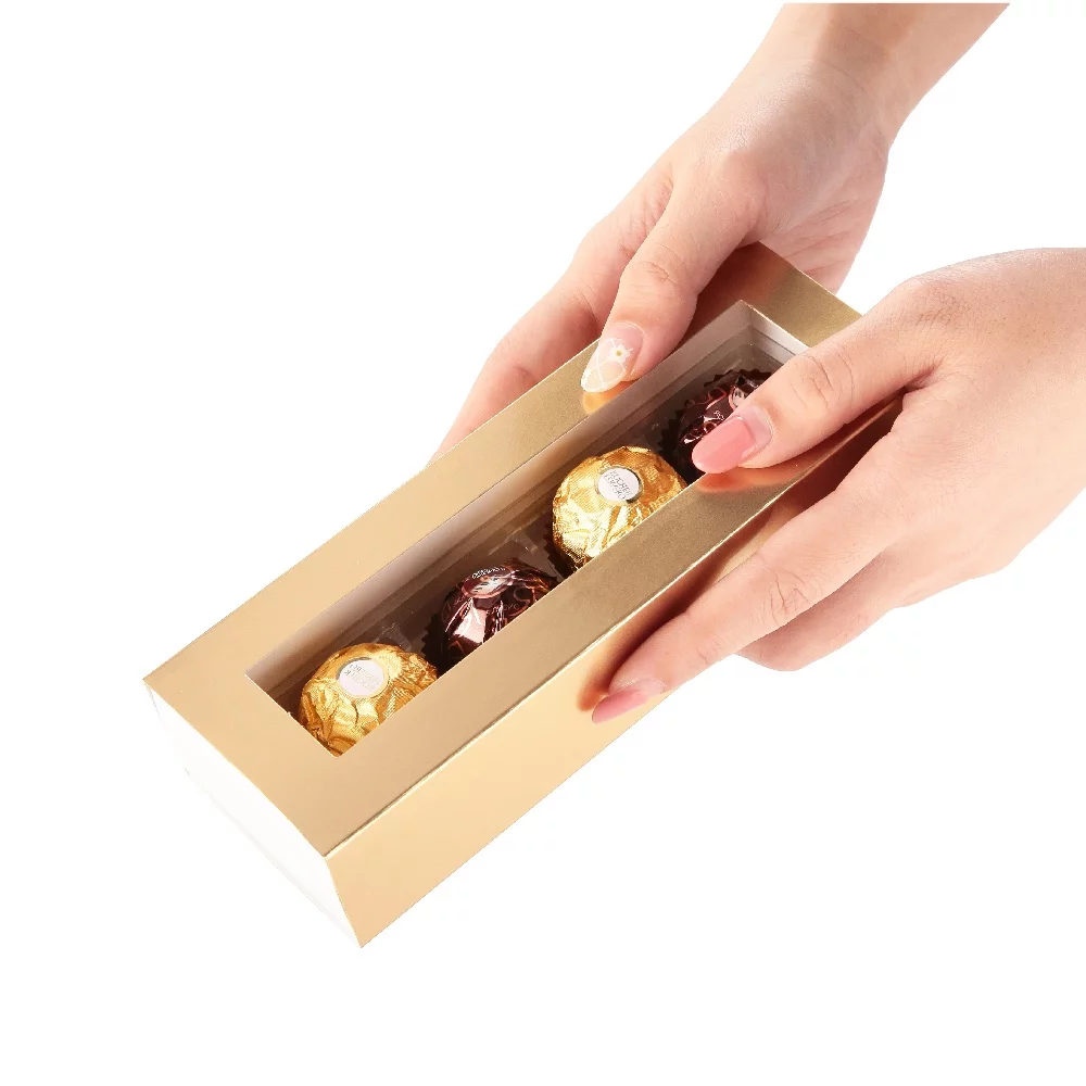 PKGSMART 20 Truffle Boxes, Chocolate Boxes, Gold Candy Box Packaging with 4-Piece Plastics Tray, 6.2x 1.7x 1.25 inches