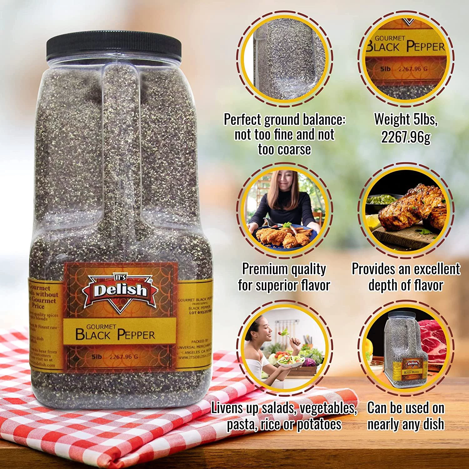 Gourmet Ground Black Pepper by Its Delish, 5 lb Restaurant Gallon Size Container Jug with Handle