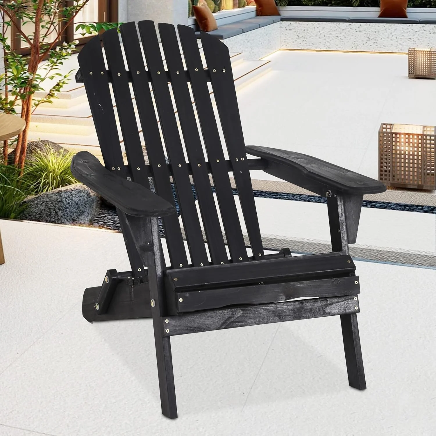 Folding Adirondack Chair Weather Resistant Wooden Lounger Chair Half Pre-Assembled Patio Fire Pit Chair with Sturdy Construction for Patio Lawn Beach Fire Pit (1, Black, 31