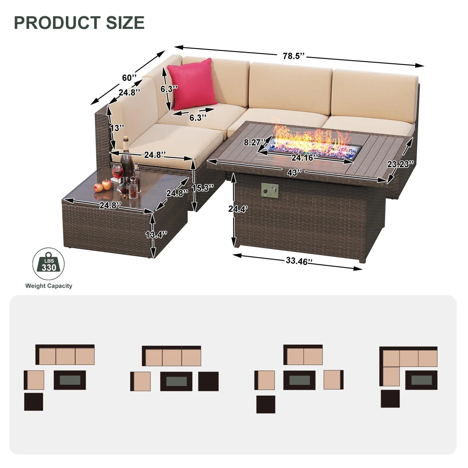 Sunmthink 5pcs Patio Conversation Set with Fire Pit Table, Outdoor PE Wicker Conversation Set with Tempered Glass Coffee Table,Brown