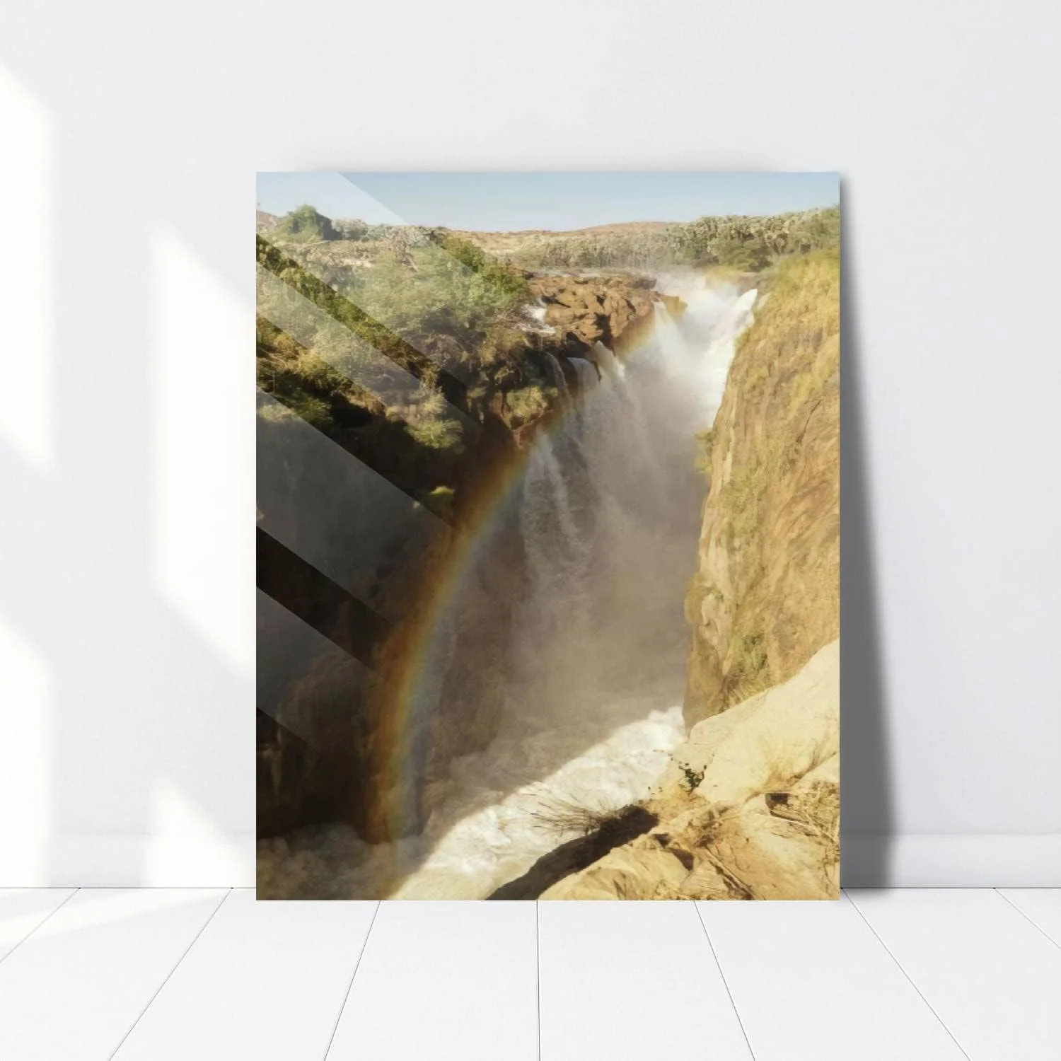 HelloGlass Tempered Glass Wall Art Decor Epupa Falls Waterfall with Baobab trees at the border of Namibia and Prints On Glass Paingting Modern Artworks For Living Room Bedroom Office 12x8inch