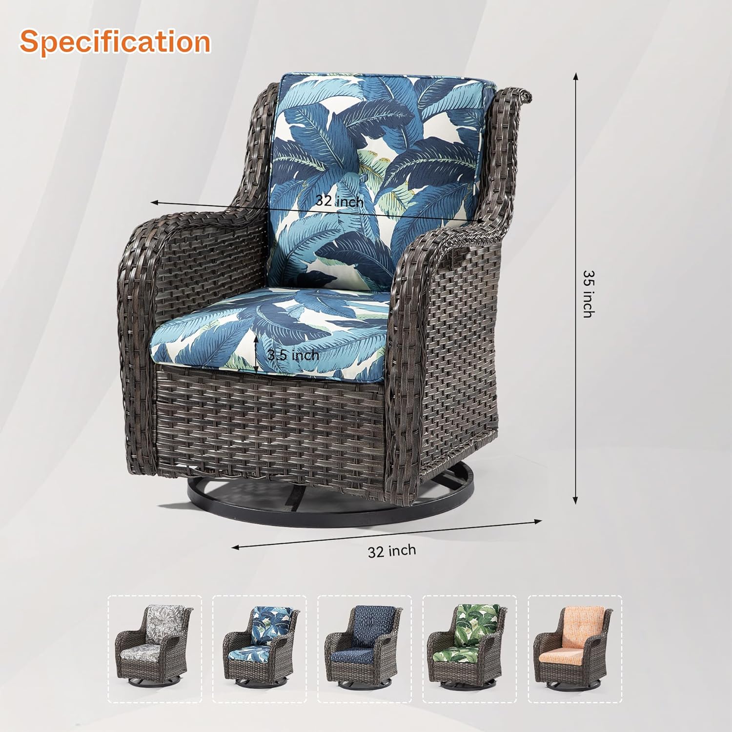Dina Outdoor Swivel Rocker Chair  High Back Swivel Patio Chairs Wicker Furniture  1PC Rattan Swivel Rocking Chair with OIefin Cushions  Herringbone Navy