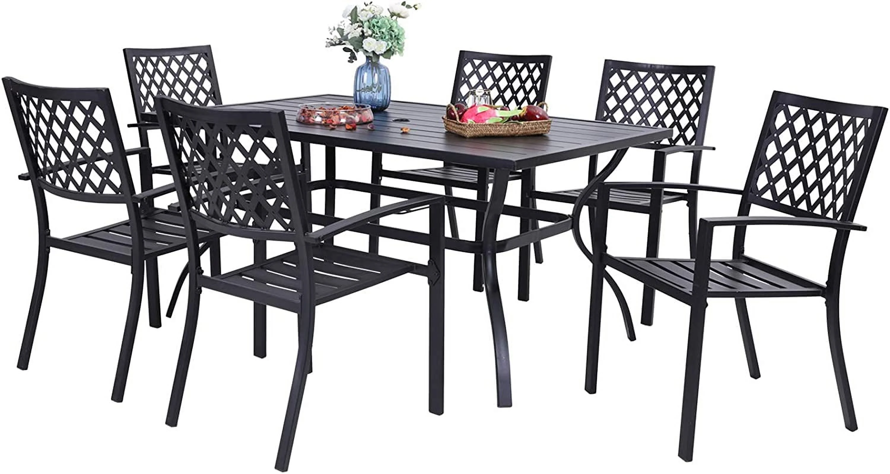 VILLA Patio Dining Set 7 Pcs 1 Metal Dining Table and 6 Patio Stackable Chairs for Outdoor Backyard Bistro Furniture Set